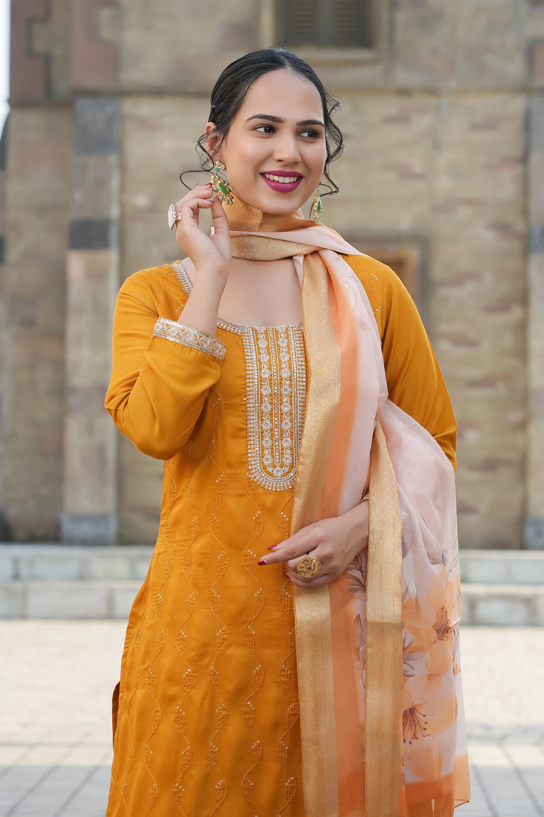 Mustard Yoke Design Chinon Straight Suit With Printed Dupatta