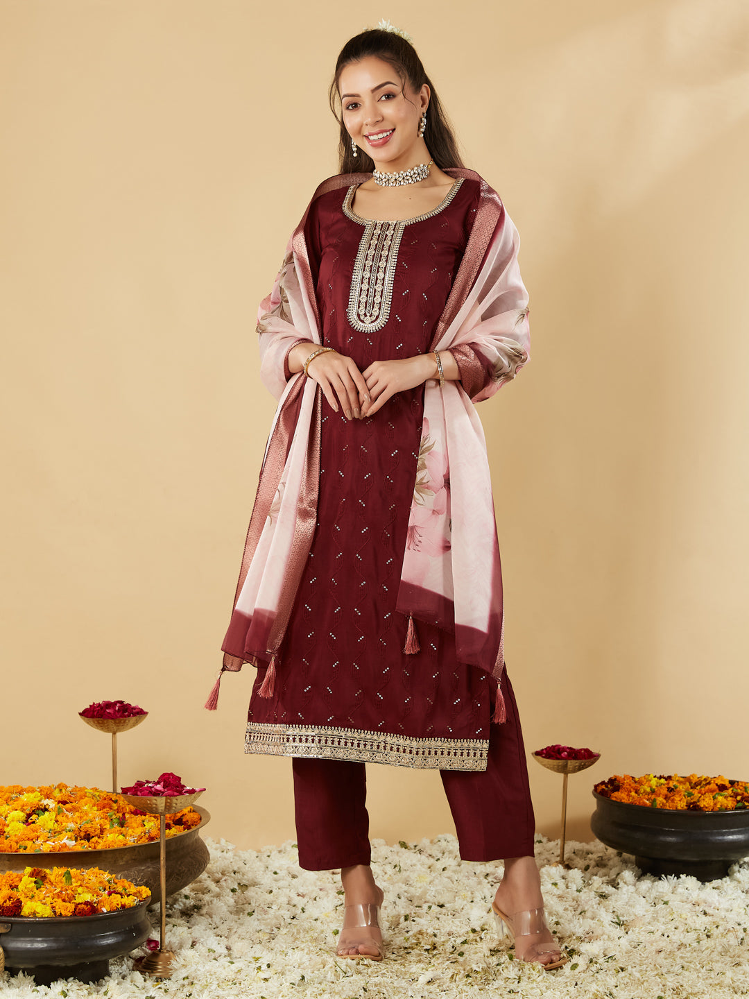 Maroon Yoke Design Chinon Straight Suit With Printed Dupatta