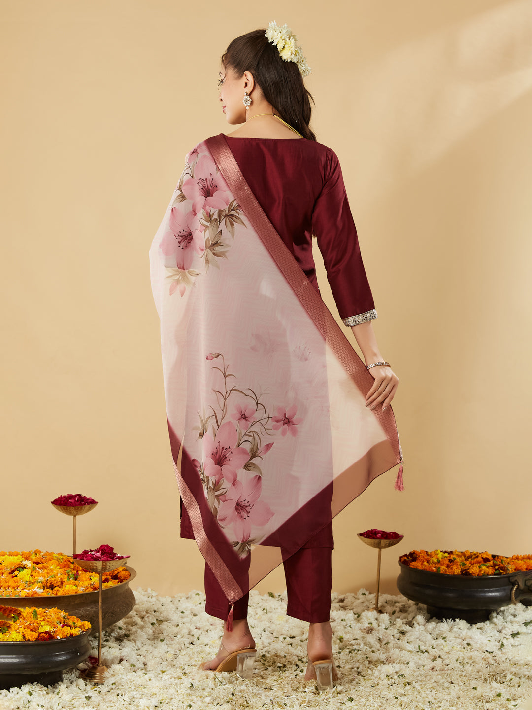 Maroon Yoke Design Chinon Straight Suit With Printed Dupatta