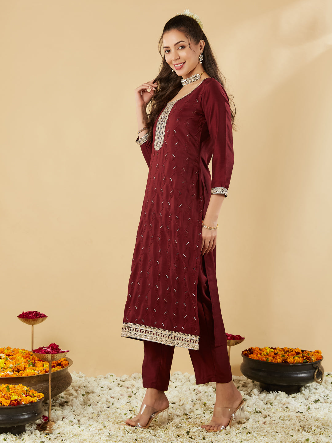 Maroon Yoke Design Chinon Straight Suit With Printed Dupatta