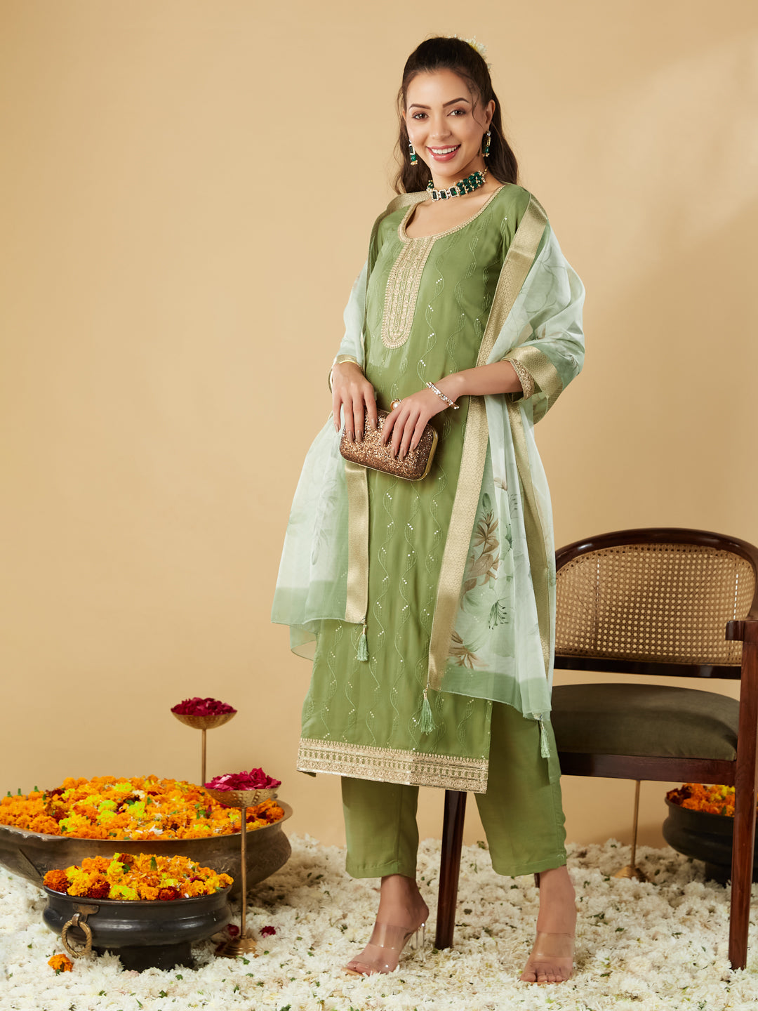 Pista Yoke Design Chinon Straight Suit With Printed Dupatta