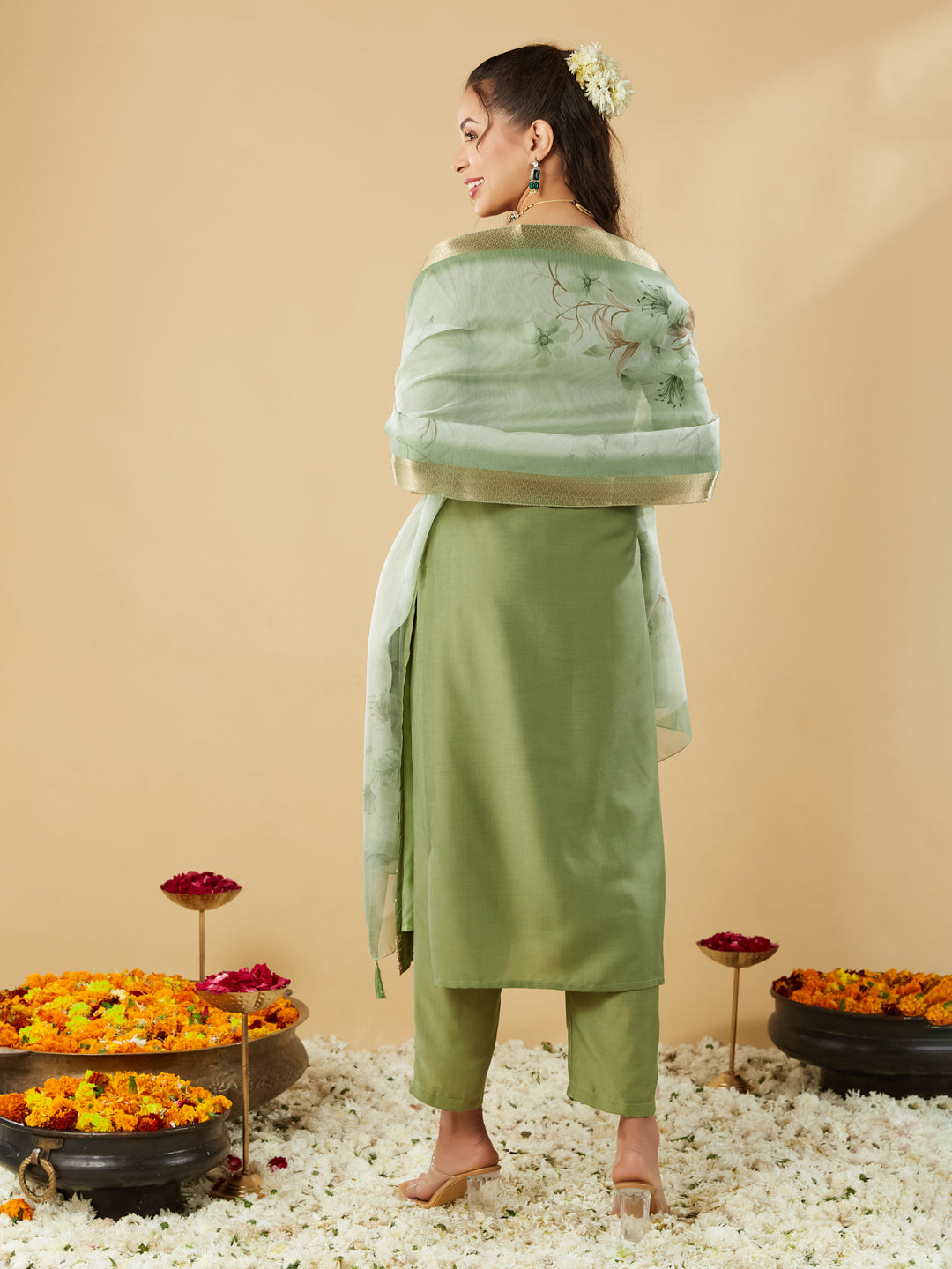 Pista Yoke Design Chinon Straight Suit With Printed Dupatta