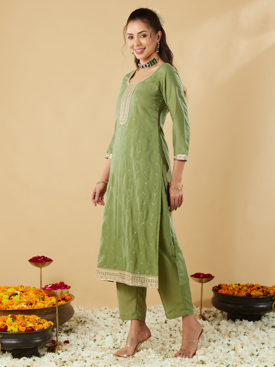 Pista Yoke Design Chinon Straight Suit With Printed Dupatta