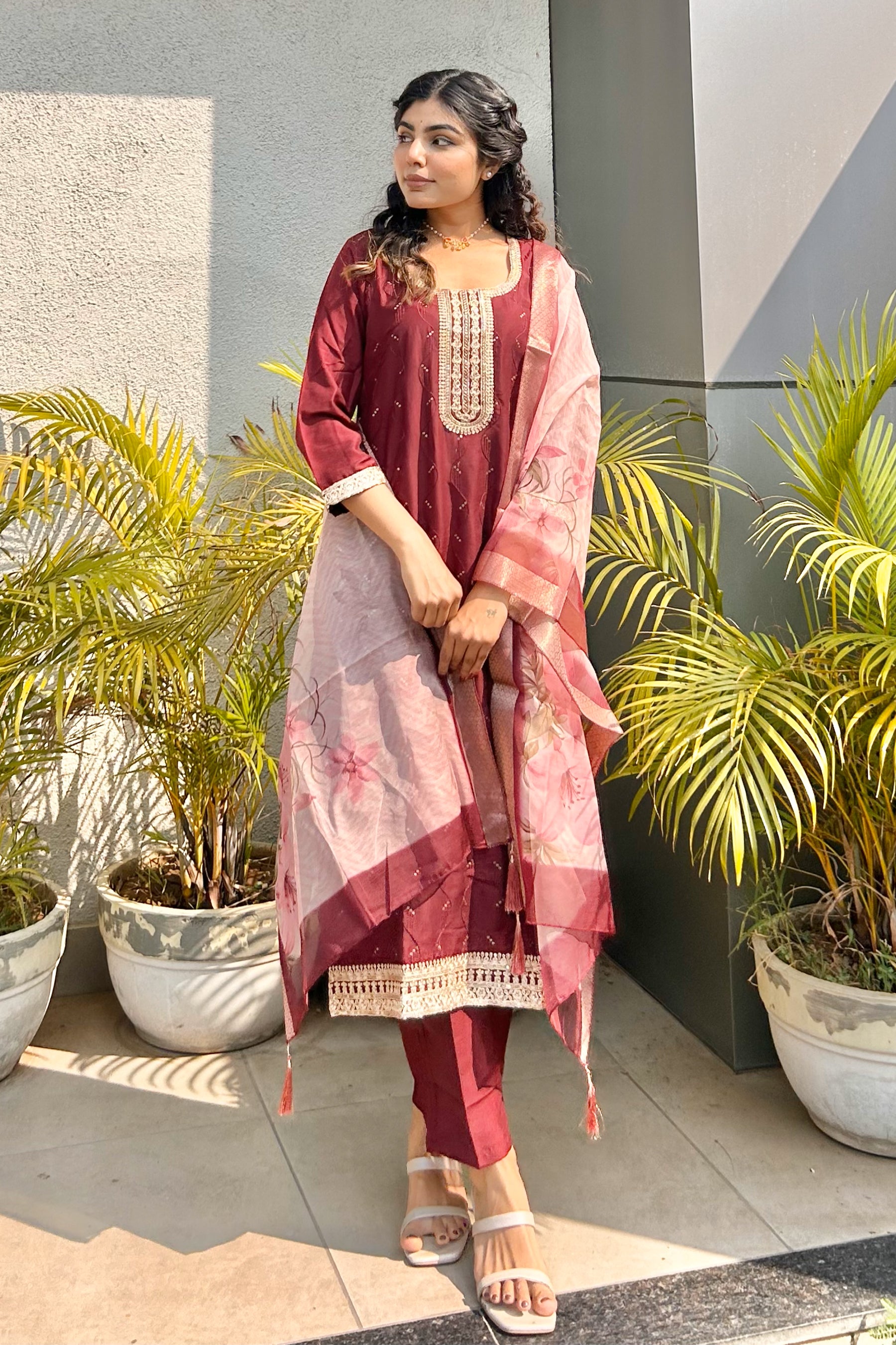 Maroon Yoke Design Chinon Straight Suit With Printed Dupatta