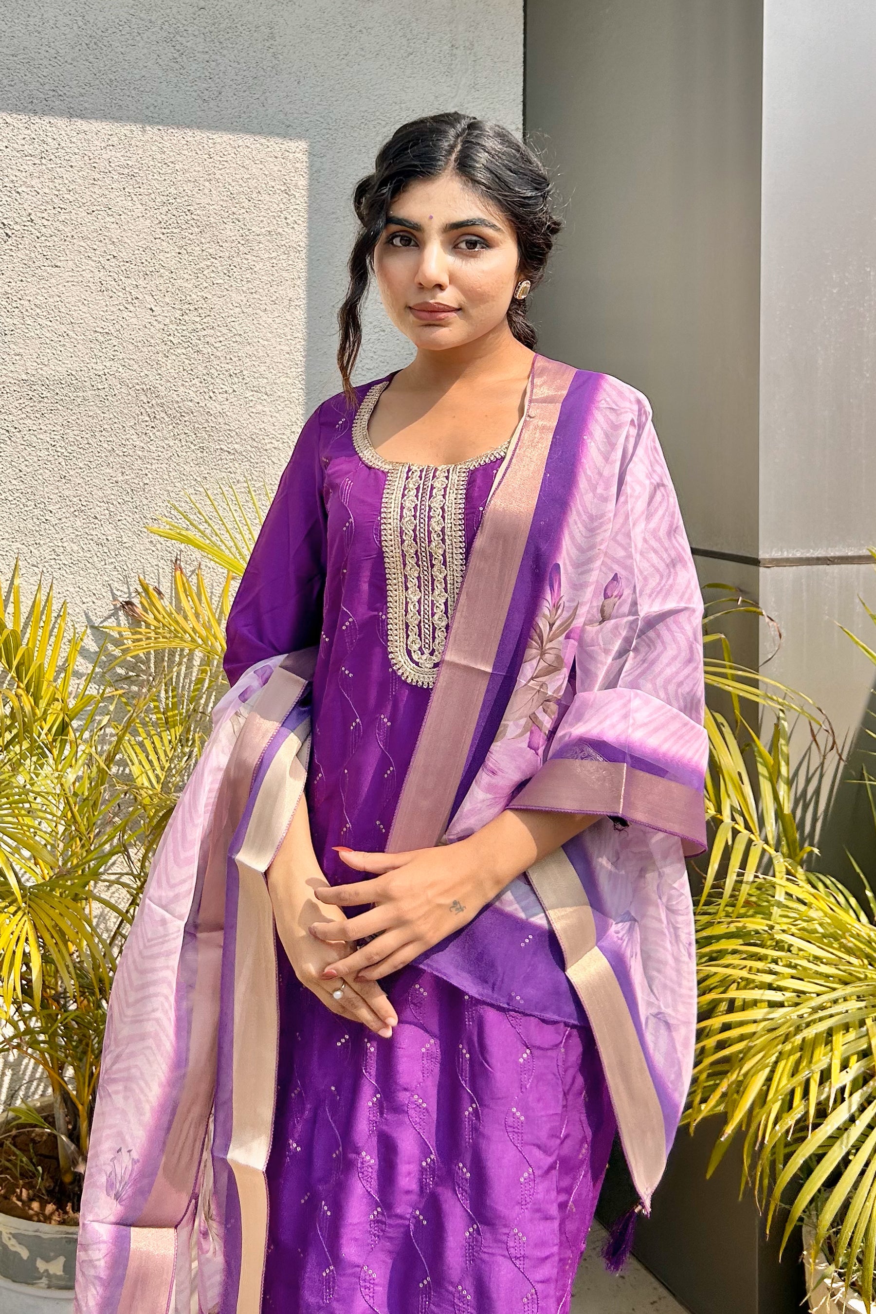 Violet Yoke Design Chinon Straight Suit With Printed Dupatta