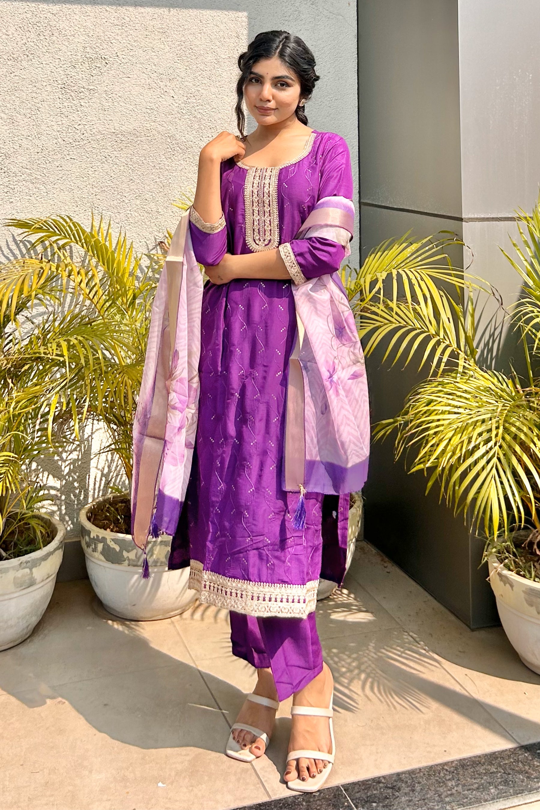 Violet Yoke Design Chinon Straight Suit With Printed Dupatta