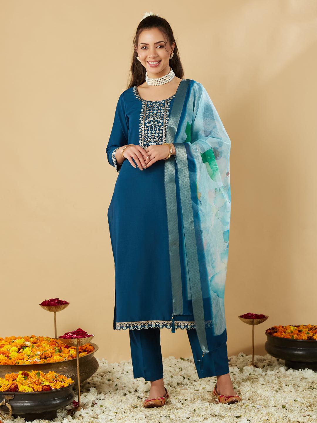 Teal Blue Yoke Design Chinon Straight Suit With Printed Dupatta