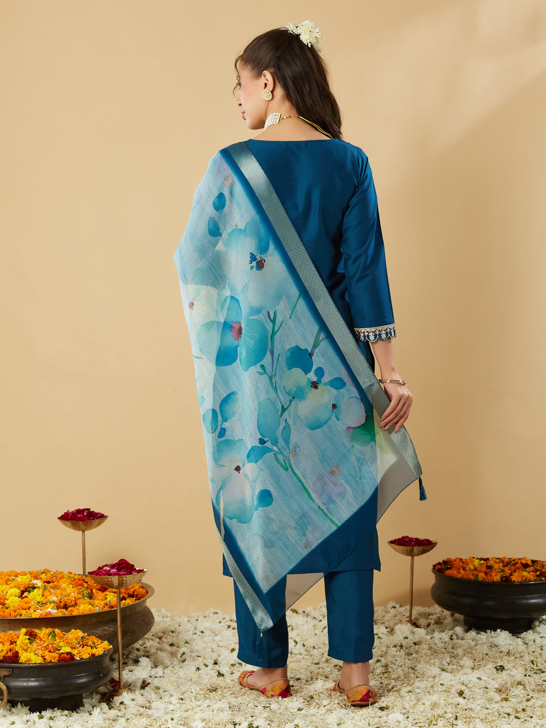 Teal Blue Yoke Design Chinon Straight Suit With Printed Dupatta