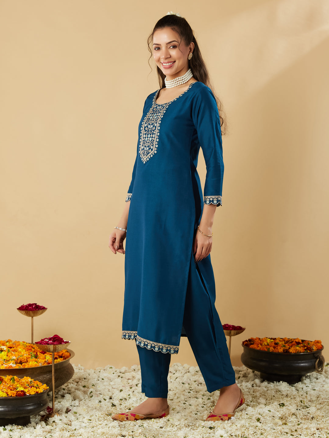 Teal Blue Yoke Design Chinon Straight Suit With Printed Dupatta