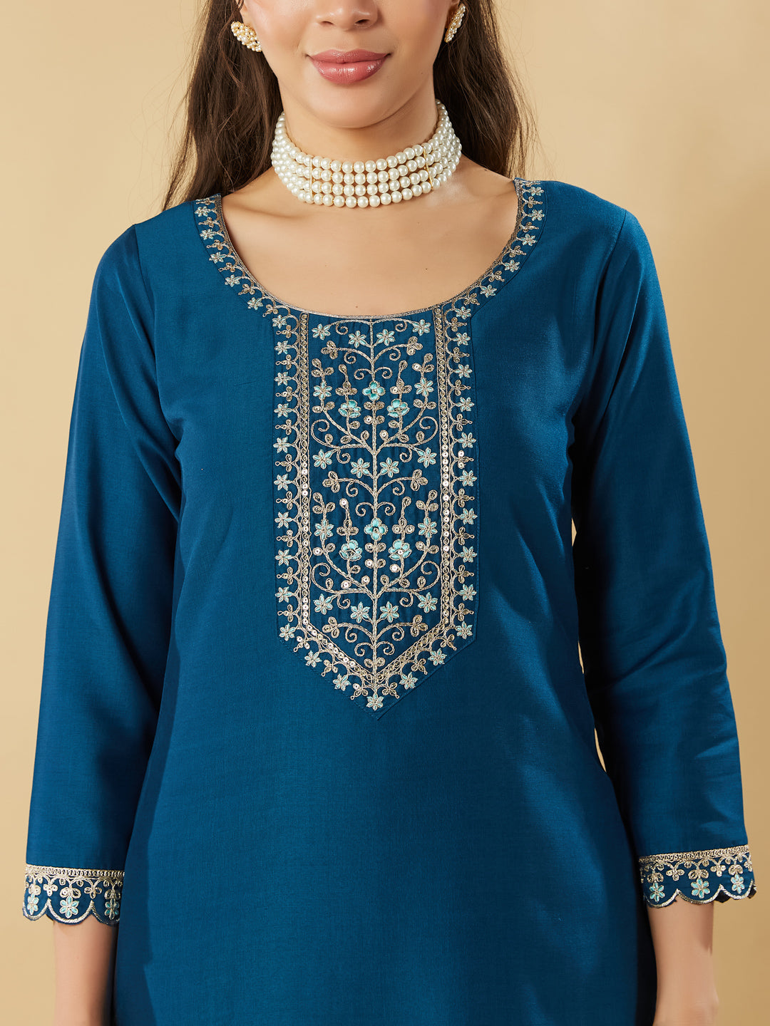 Teal Blue Yoke Design Chinon Straight Suit With Printed Dupatta