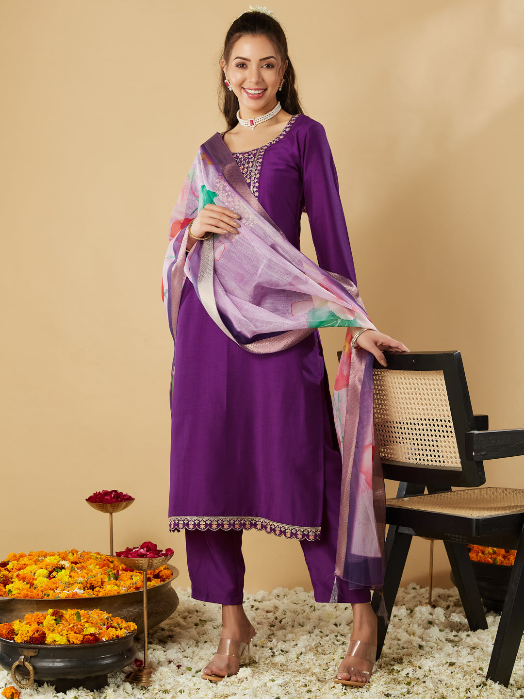 Violet Yoke Design Chinon Straight Suit With Printed Dupatta