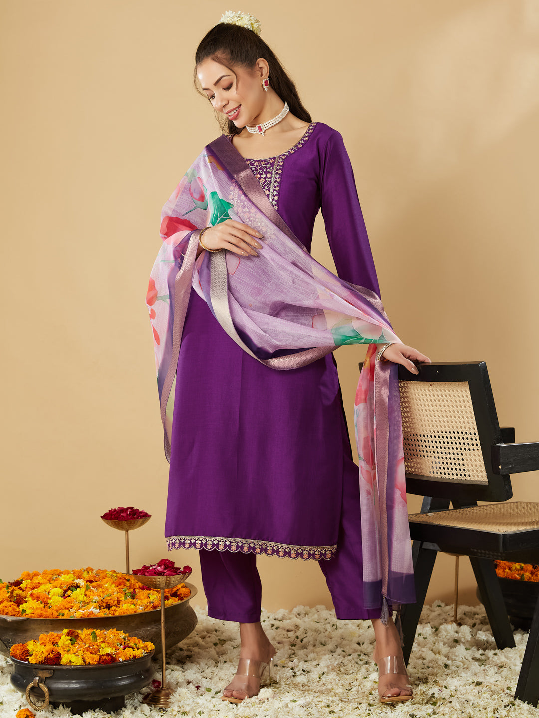 Violet Yoke Design Chinon Straight Suit With Printed Dupatta