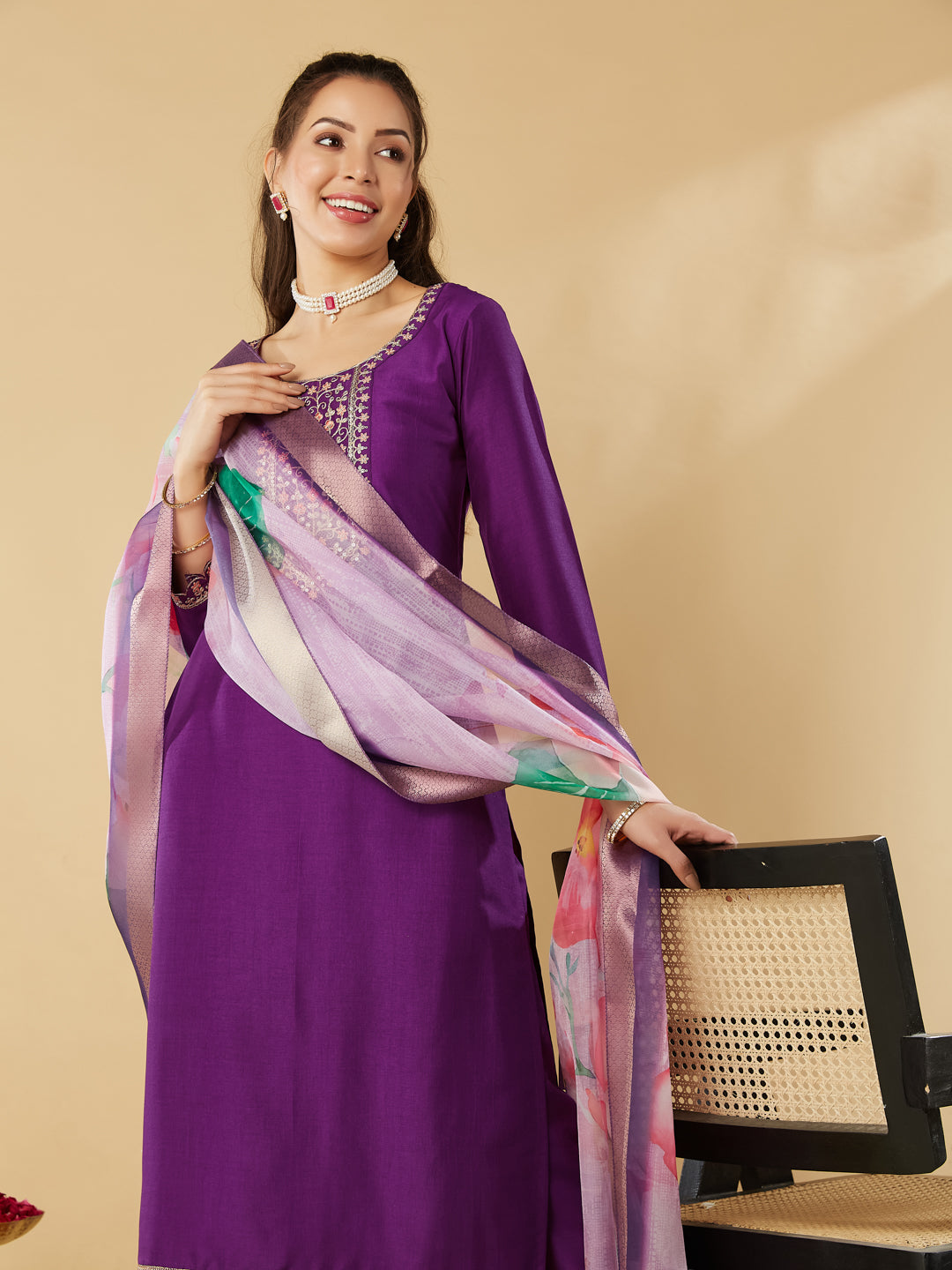 Violet Yoke Design Chinon Straight Suit With Printed Dupatta