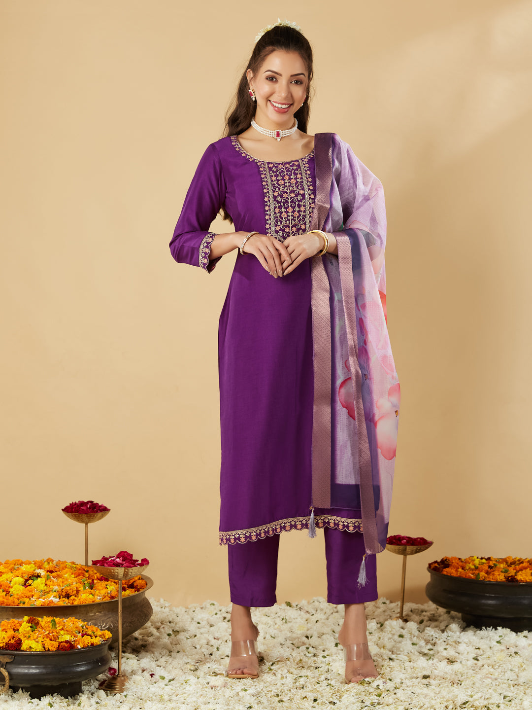 Violet Yoke Design Chinon Straight Suit With Printed Dupatta