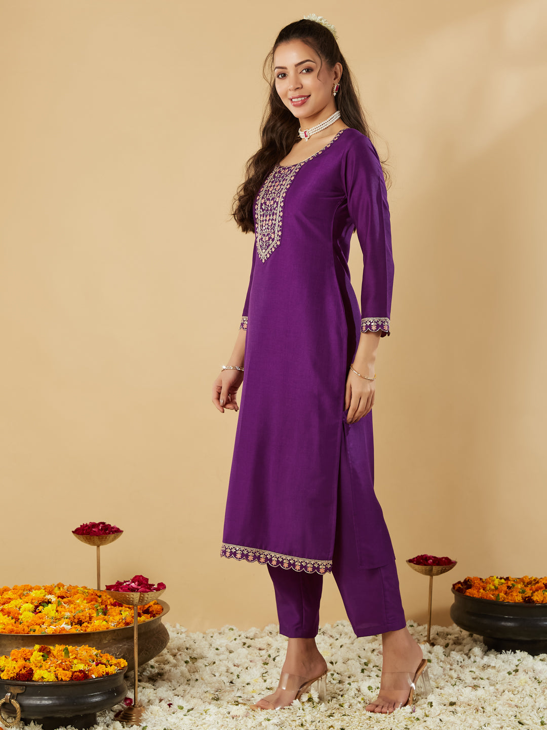 Violet Yoke Design Chinon Straight Suit With Printed Dupatta