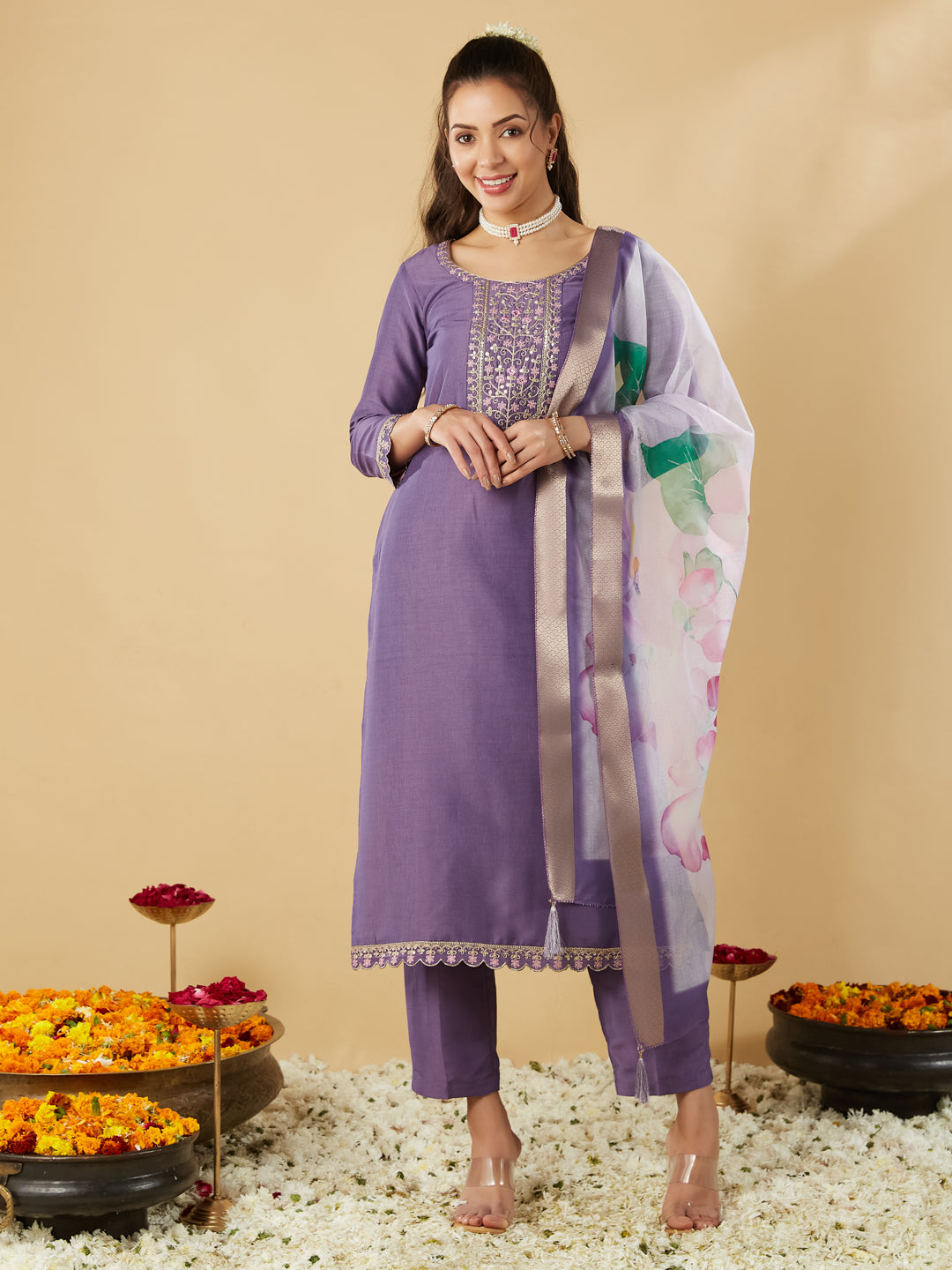 Purple Yoke Design Chinon Straight Suit With Printed Dupatta