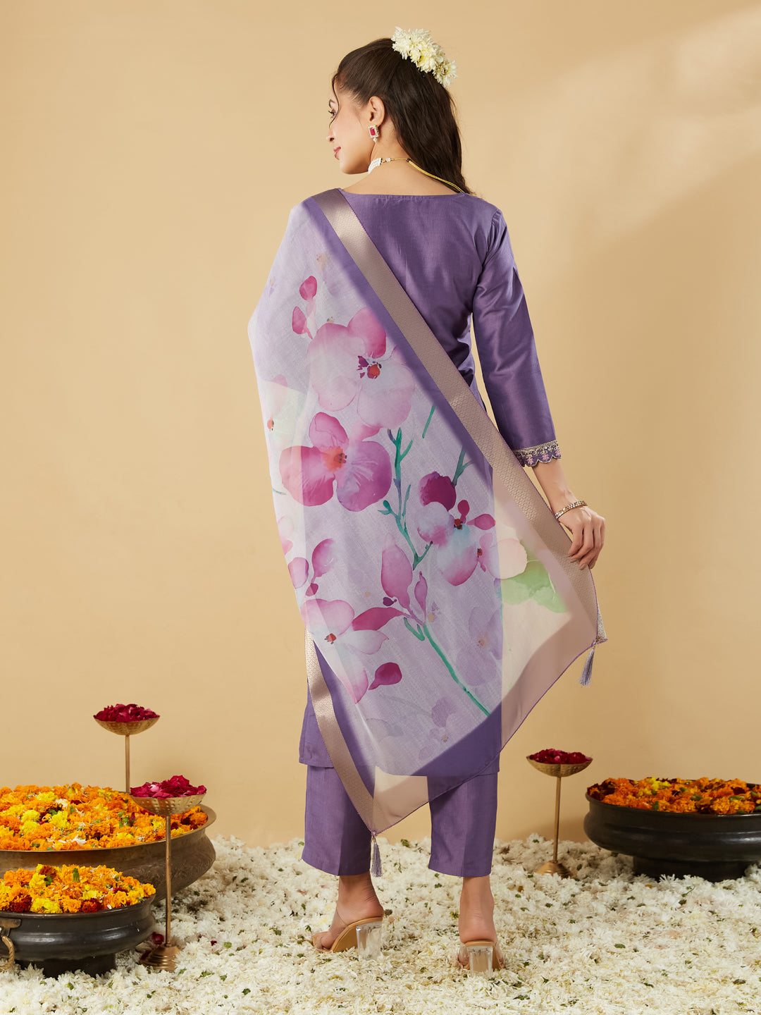 Purple Yoke Design Chinon Straight Suit With Printed Dupatta