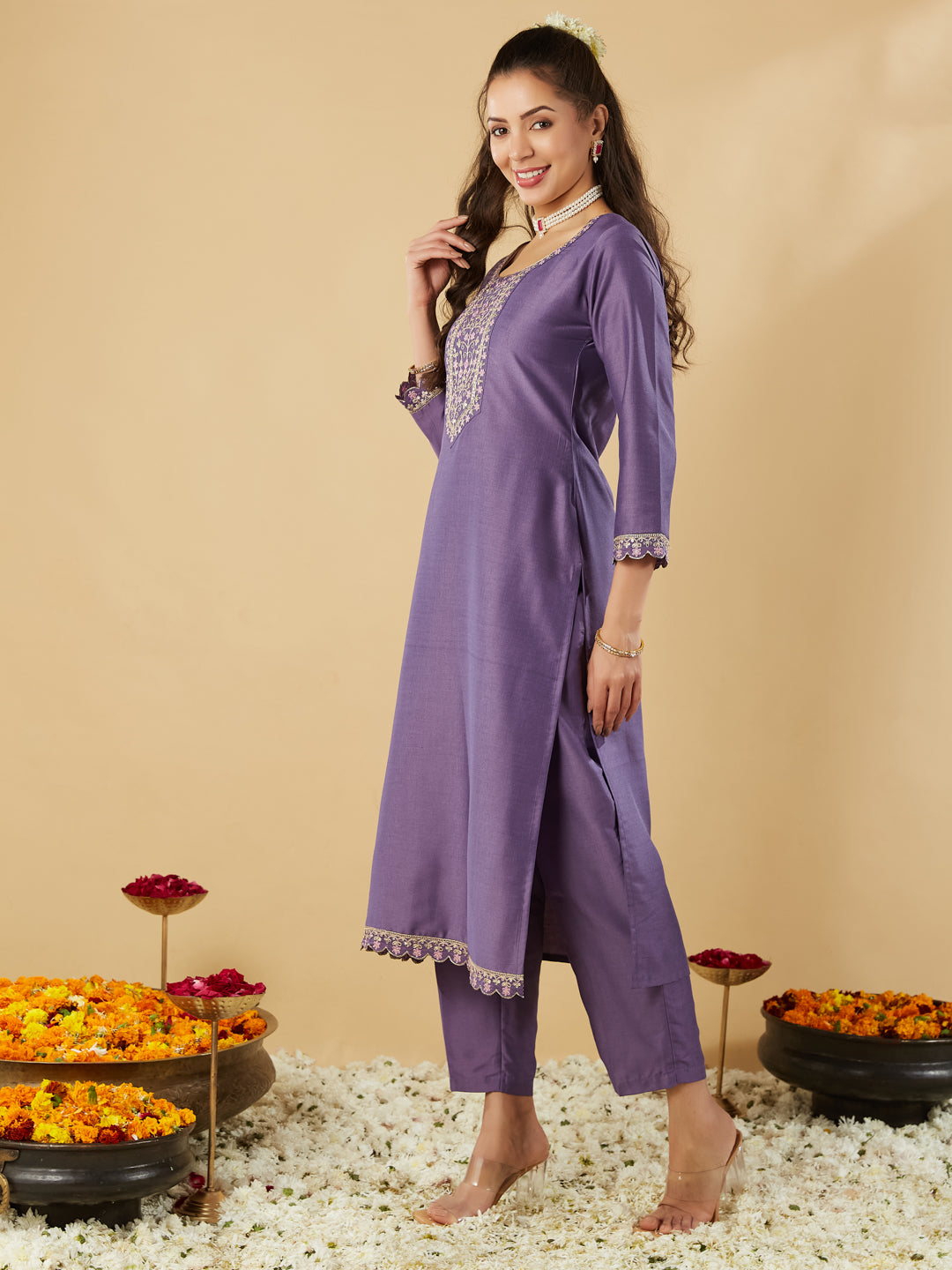 Purple Yoke Design Chinon Straight Suit With Printed Dupatta