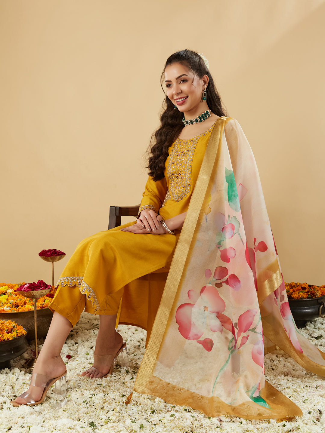 Mustard Yoke Design Chinon Straight Suit With Printed Dupatta