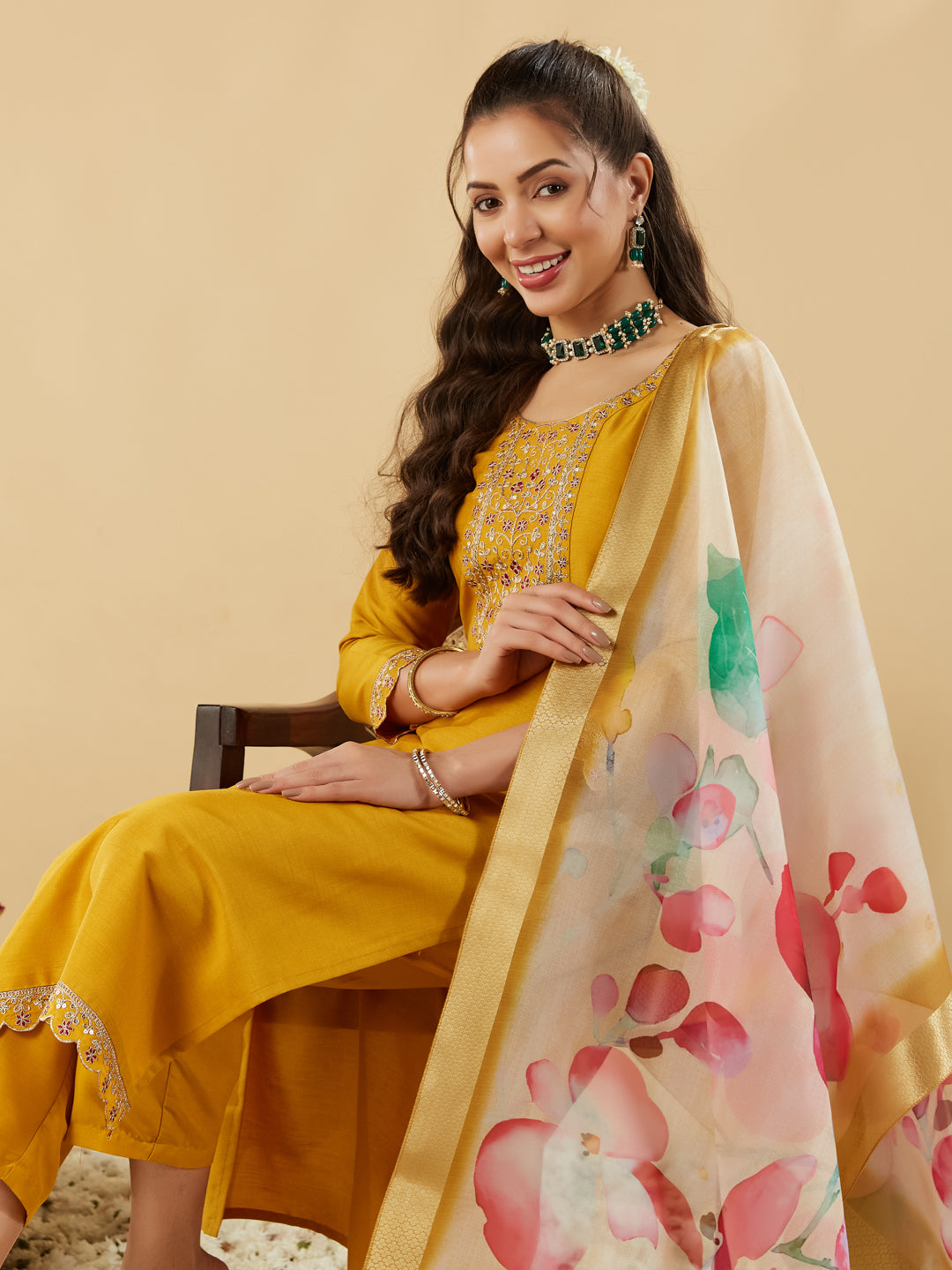 Mustard Yoke Design Chinon Straight Suit With Printed Dupatta