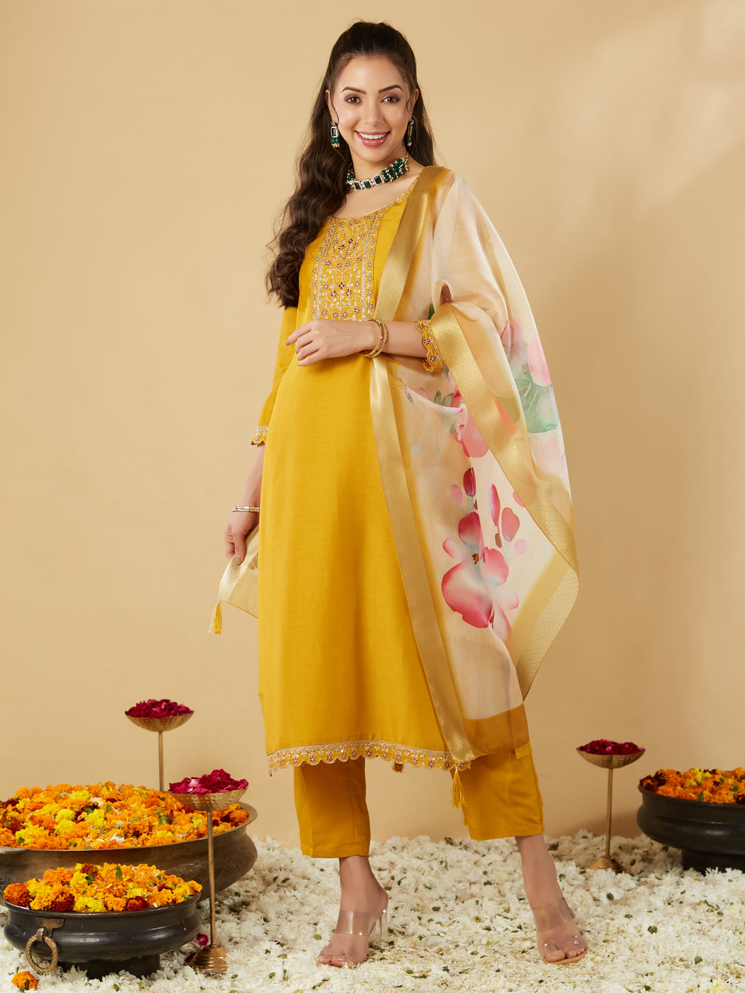 Mustard Yoke Design Chinon Straight Suit With Printed Dupatta