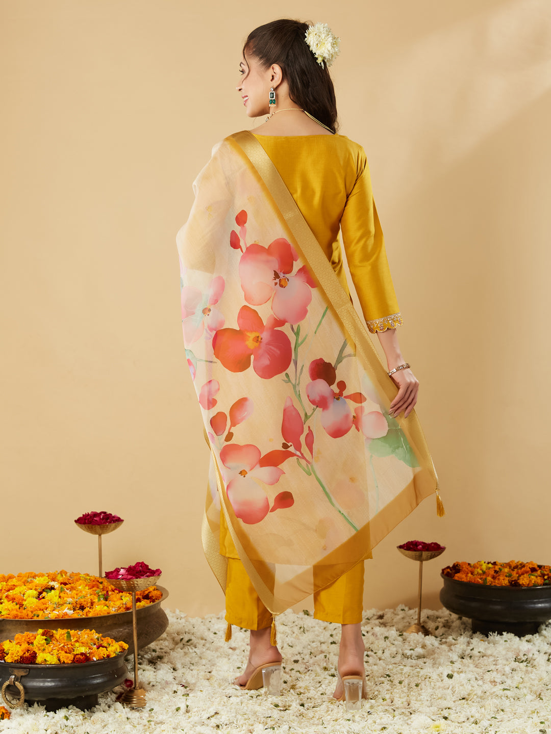 Mustard Yoke Design Chinon Straight Suit With Printed Dupatta