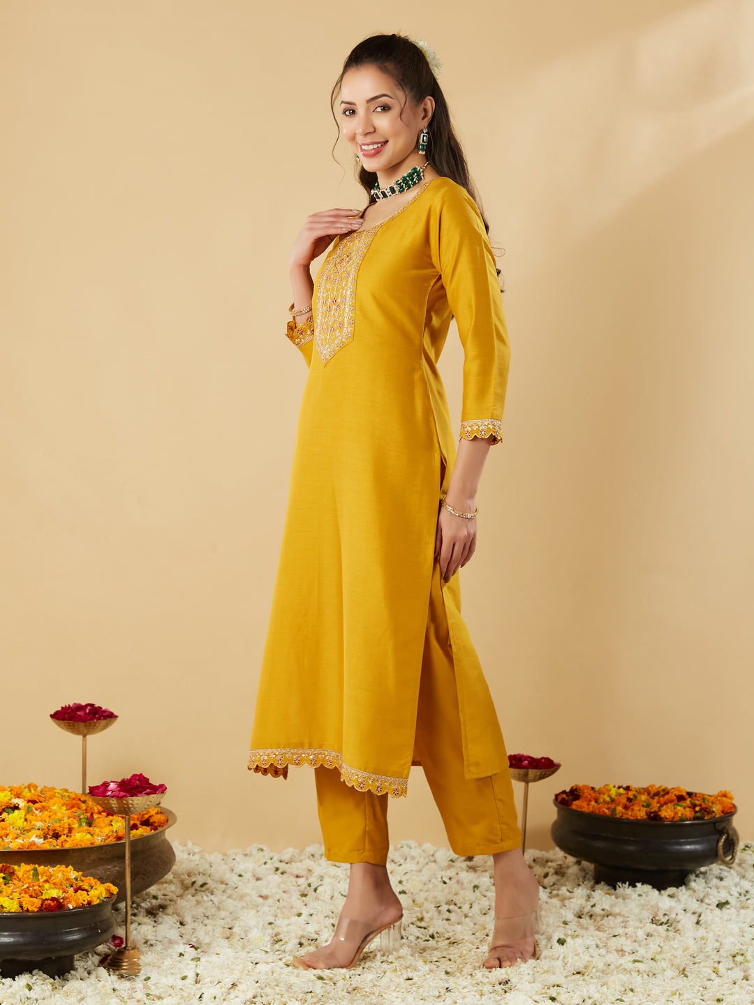 Mustard Yoke Design Chinon Straight Suit With Printed Dupatta