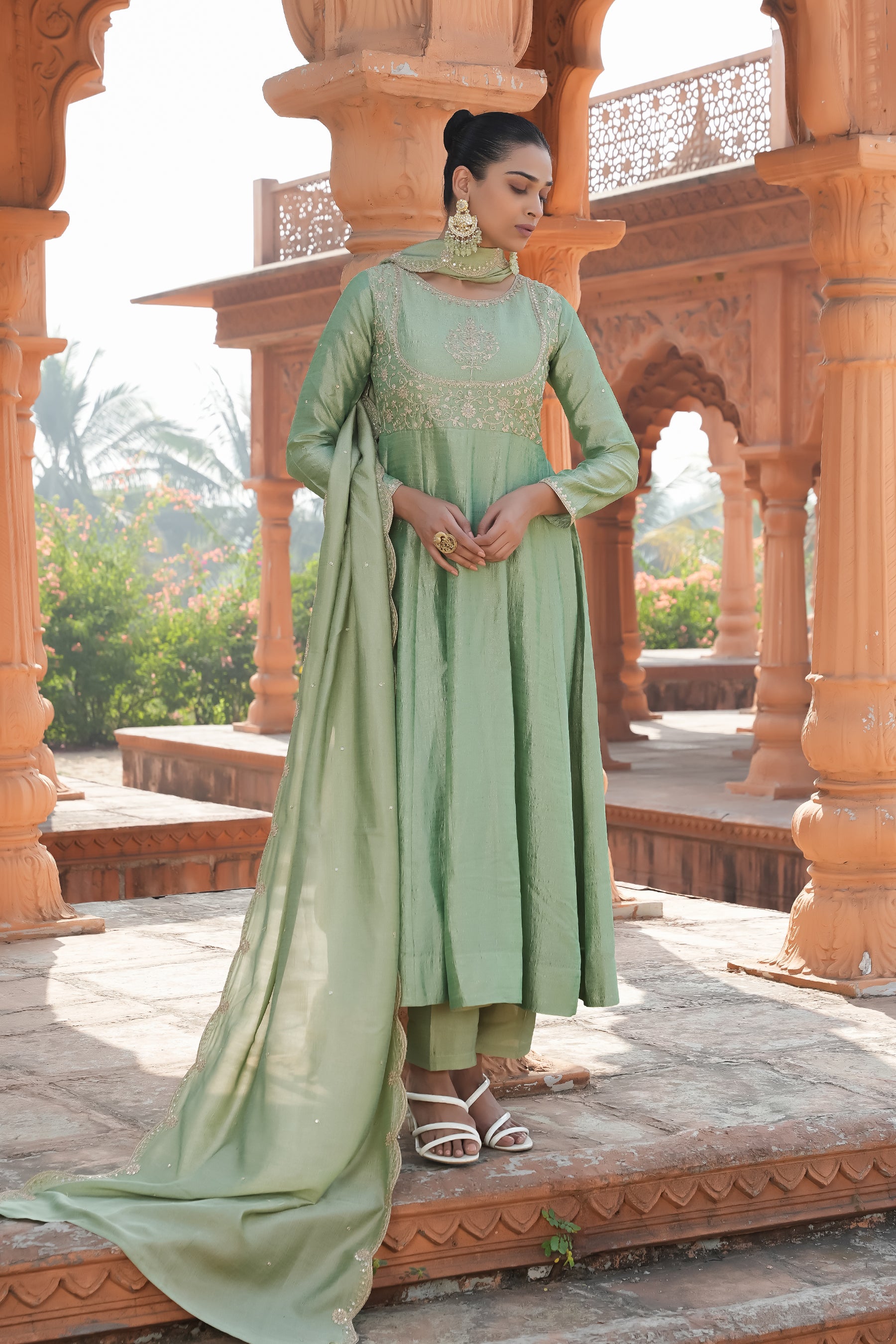 Pista Embroidered Silk Blend Anarkali Kurta With Dupatta Set