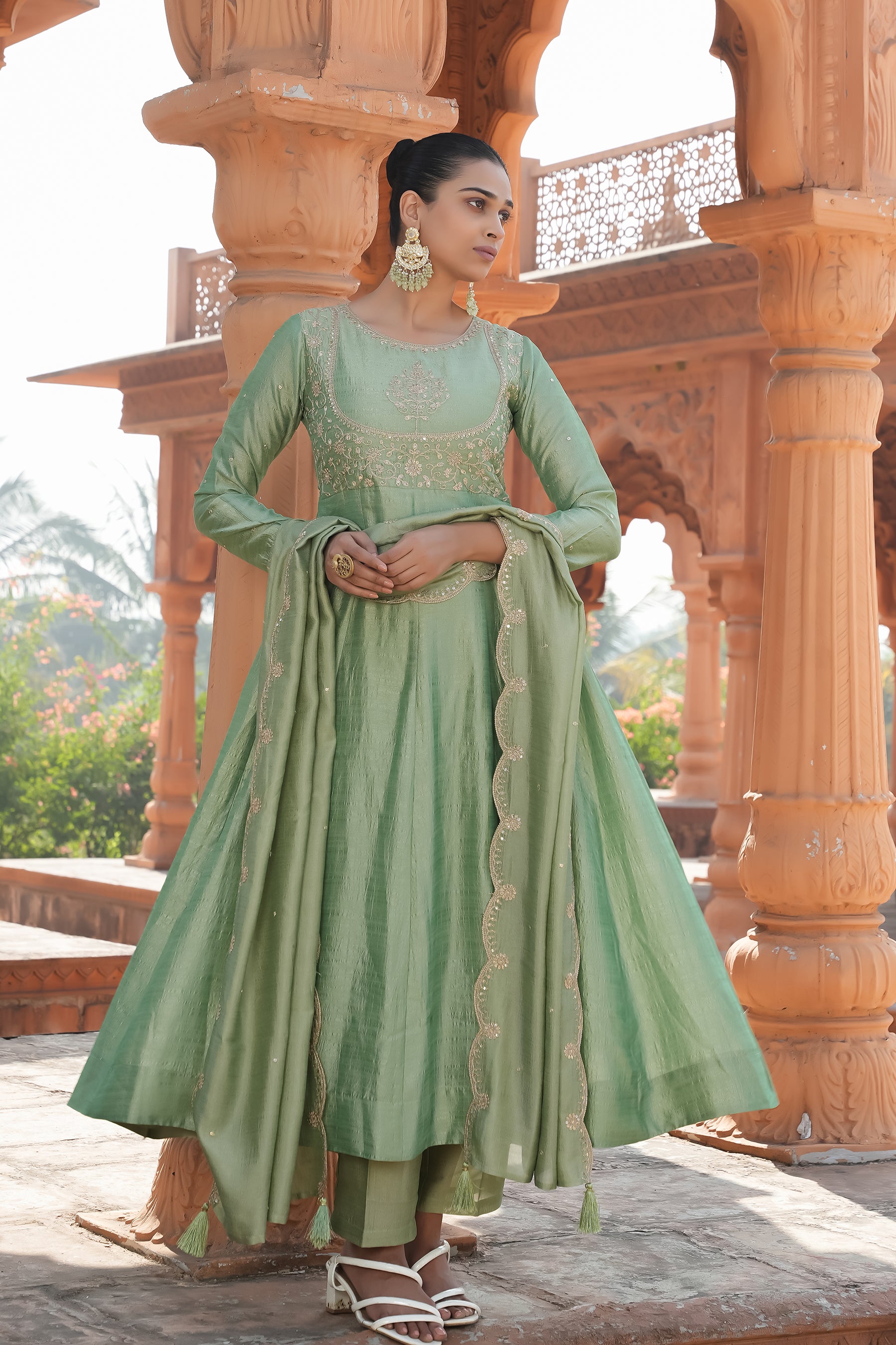 Pista Embroidered Silk Blend Anarkali Kurta With Dupatta Set