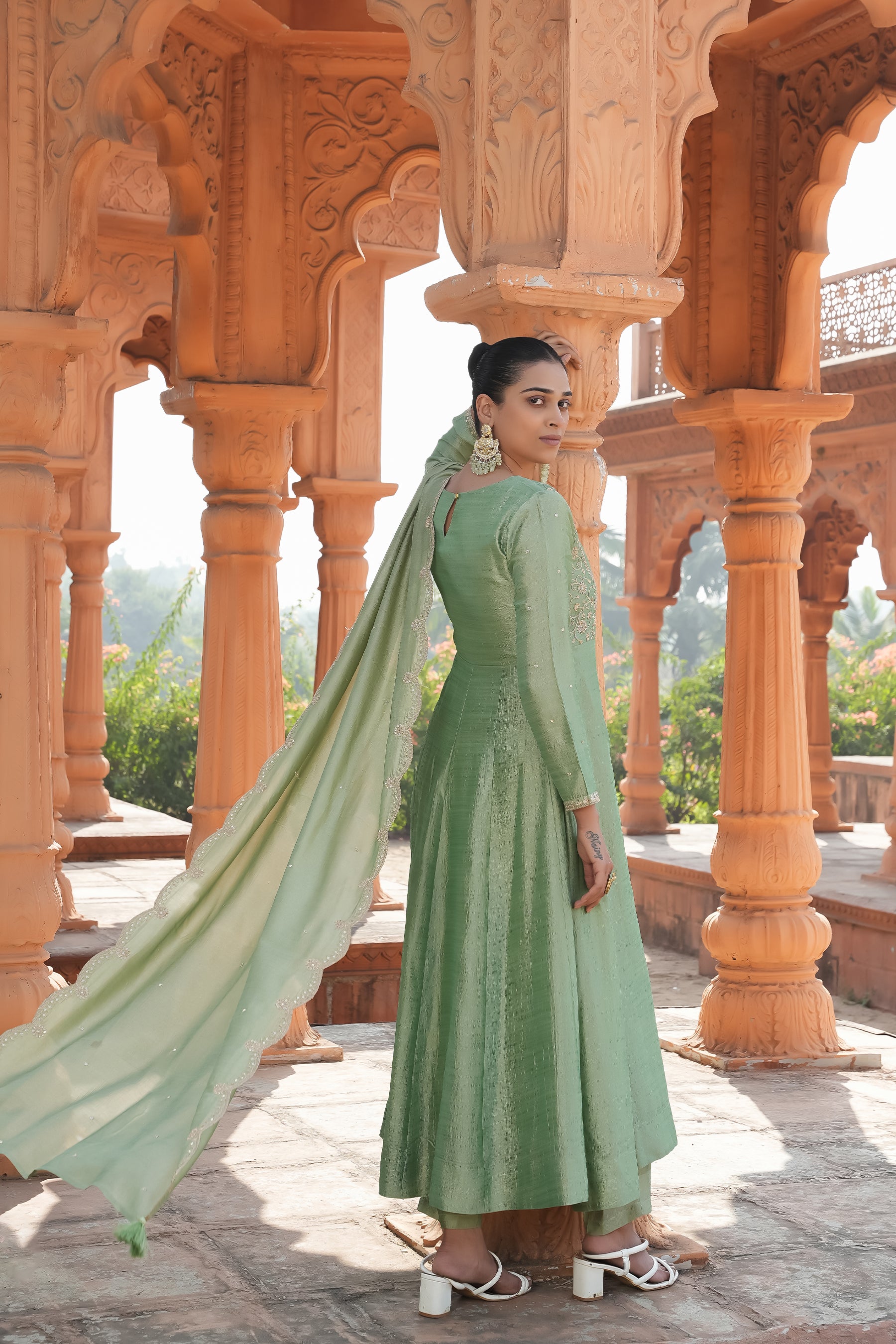 Pista Embroidered Silk Blend Anarkali Kurta With Dupatta Set