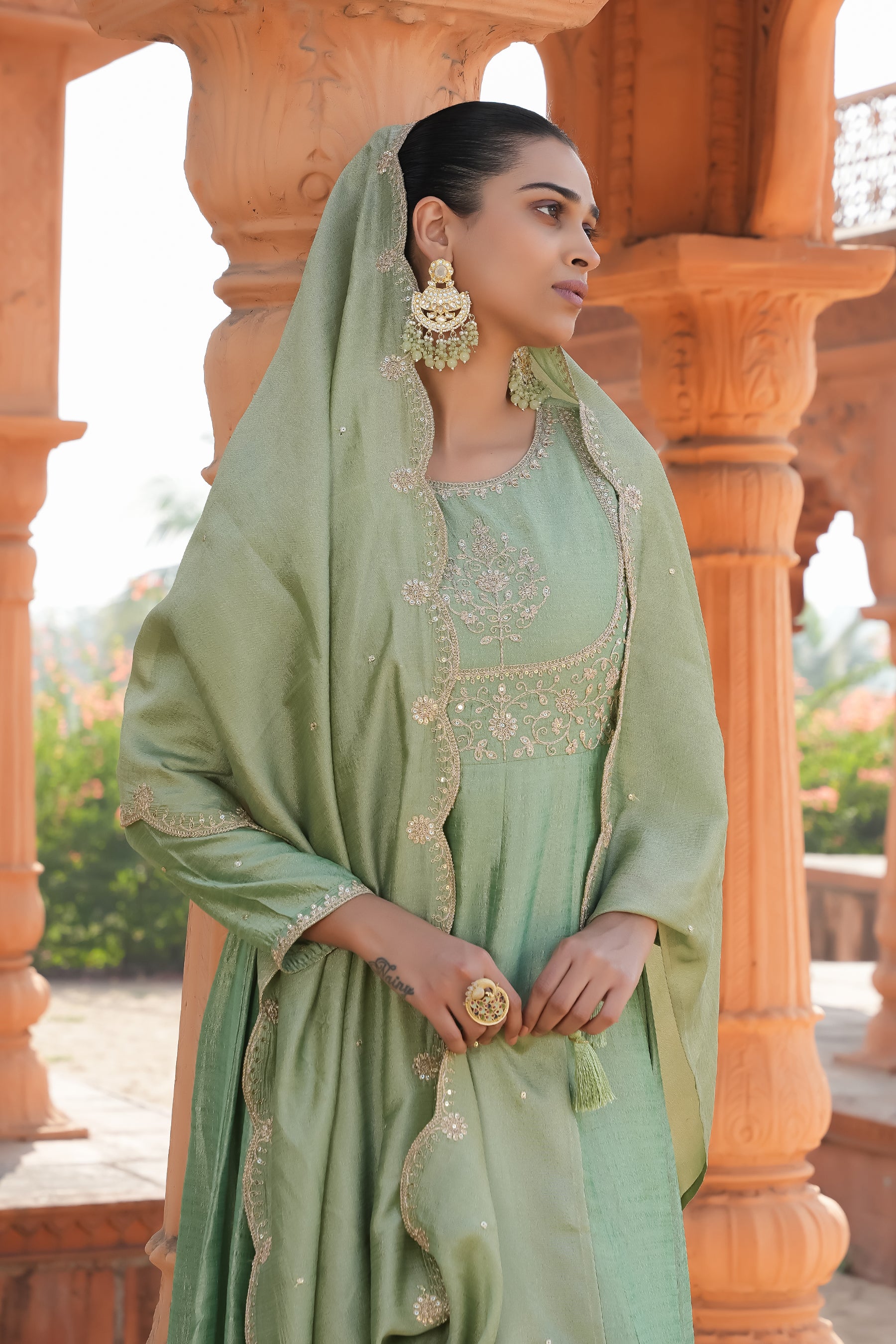 Pista Embroidered Silk Blend Anarkali Kurta With Dupatta Set