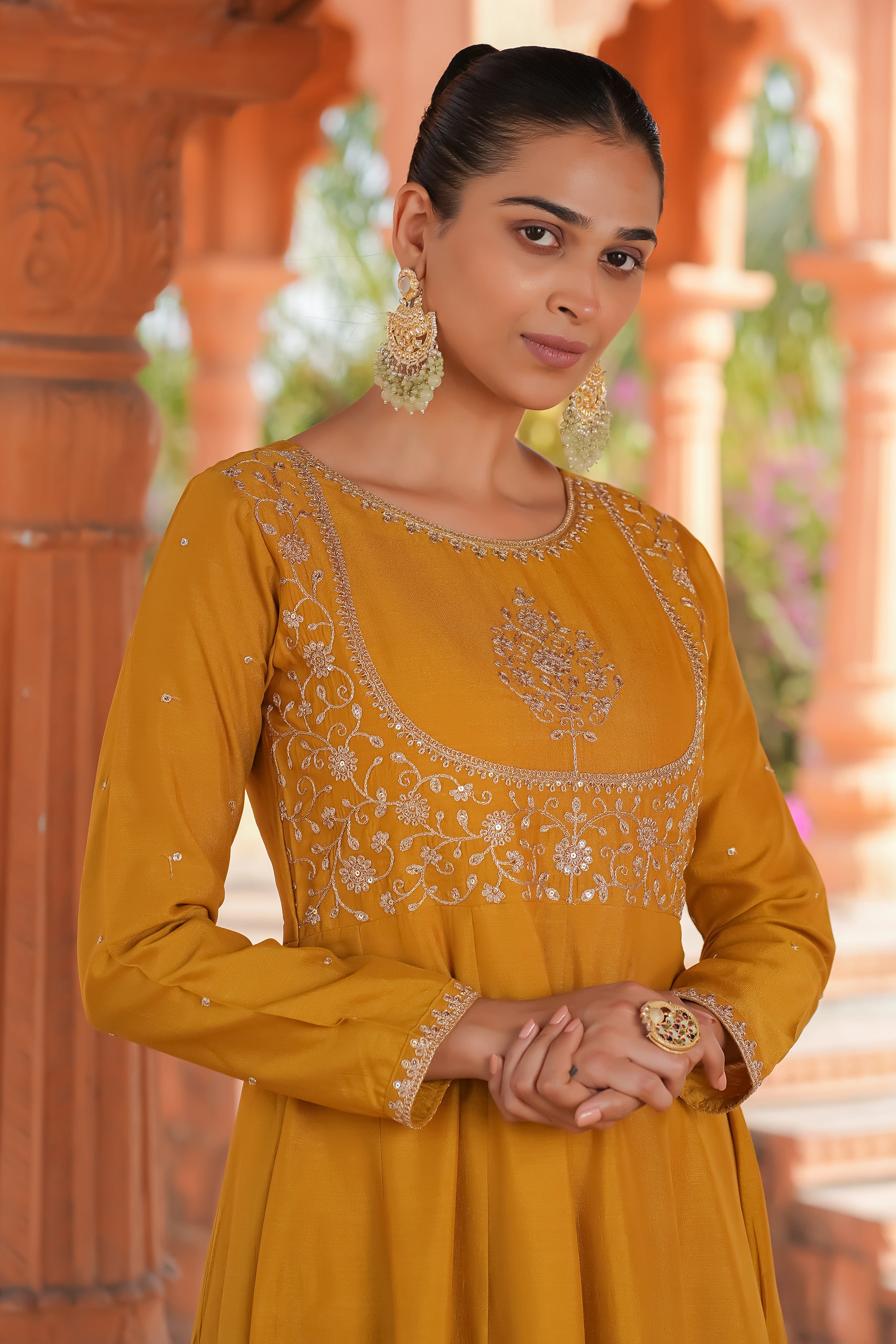 Mustard Embroidered Silk Blend Anarkali Kurta With Dupatta Set