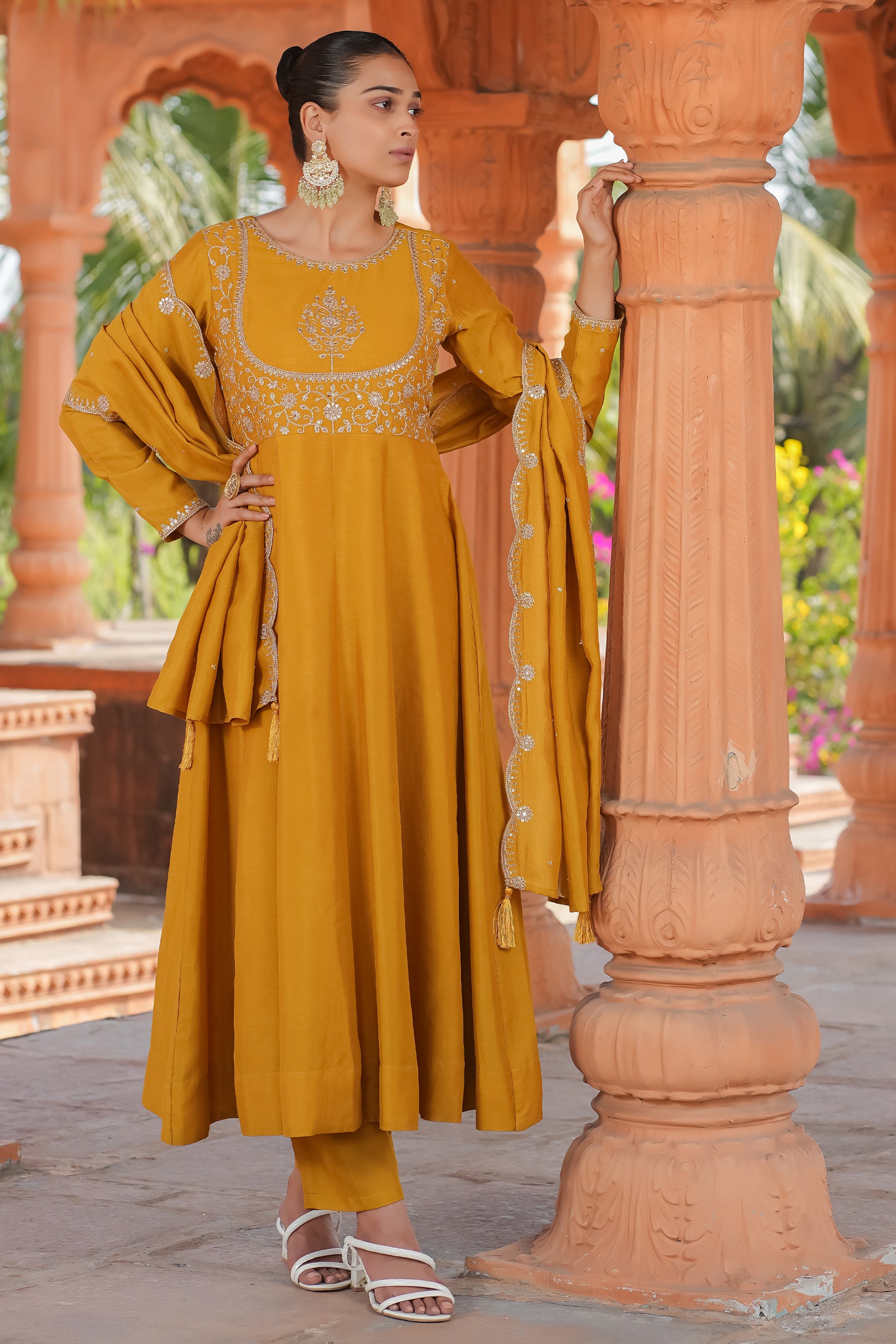 Mustard Embroidered Silk Blend Anarkali Kurta With Dupatta Set