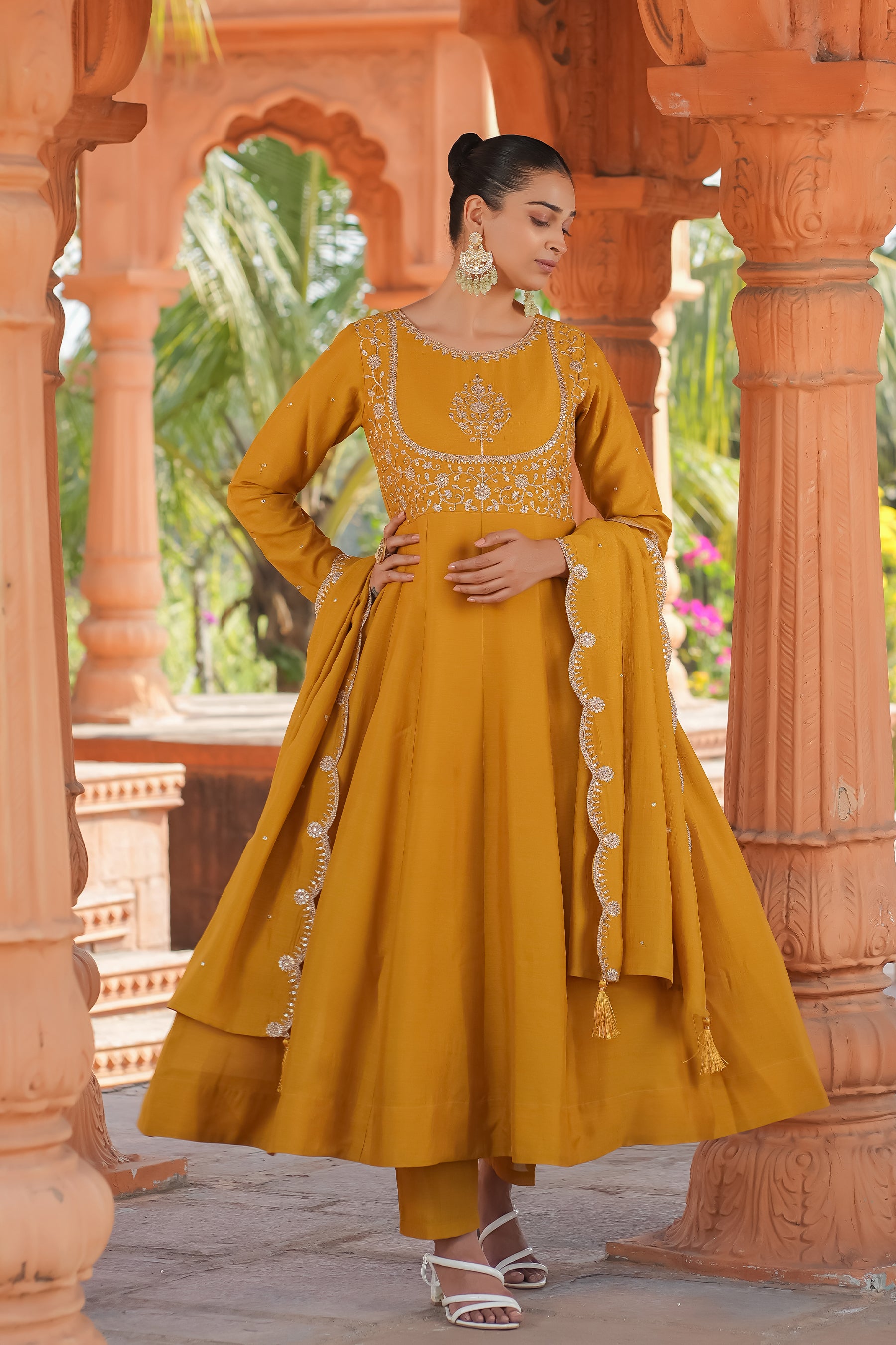 Mustard Embroidered Silk Blend Anarkali Kurta With Dupatta Set