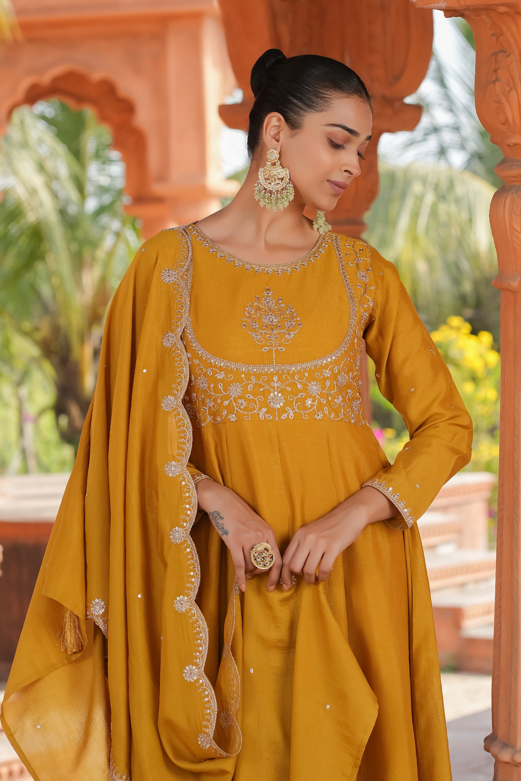 Mustard Embroidered Silk Blend Anarkali Kurta With Dupatta Set