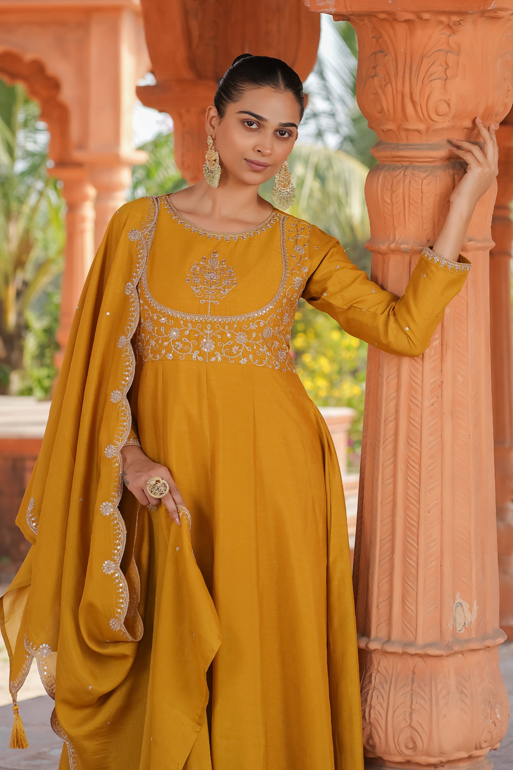 Mustard Embroidered Silk Blend Anarkali Kurta With Dupatta Set