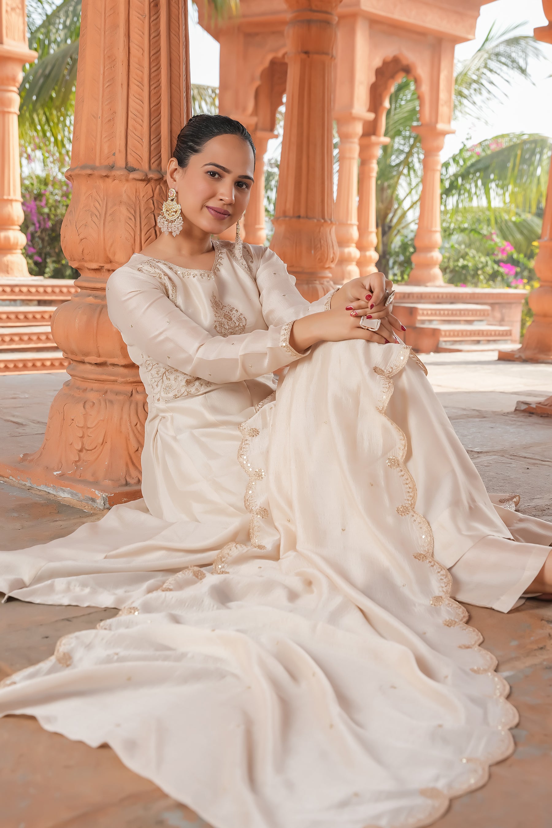 Cream Embroidered Silk Blend Anarkali Kurta With Dupatta Set