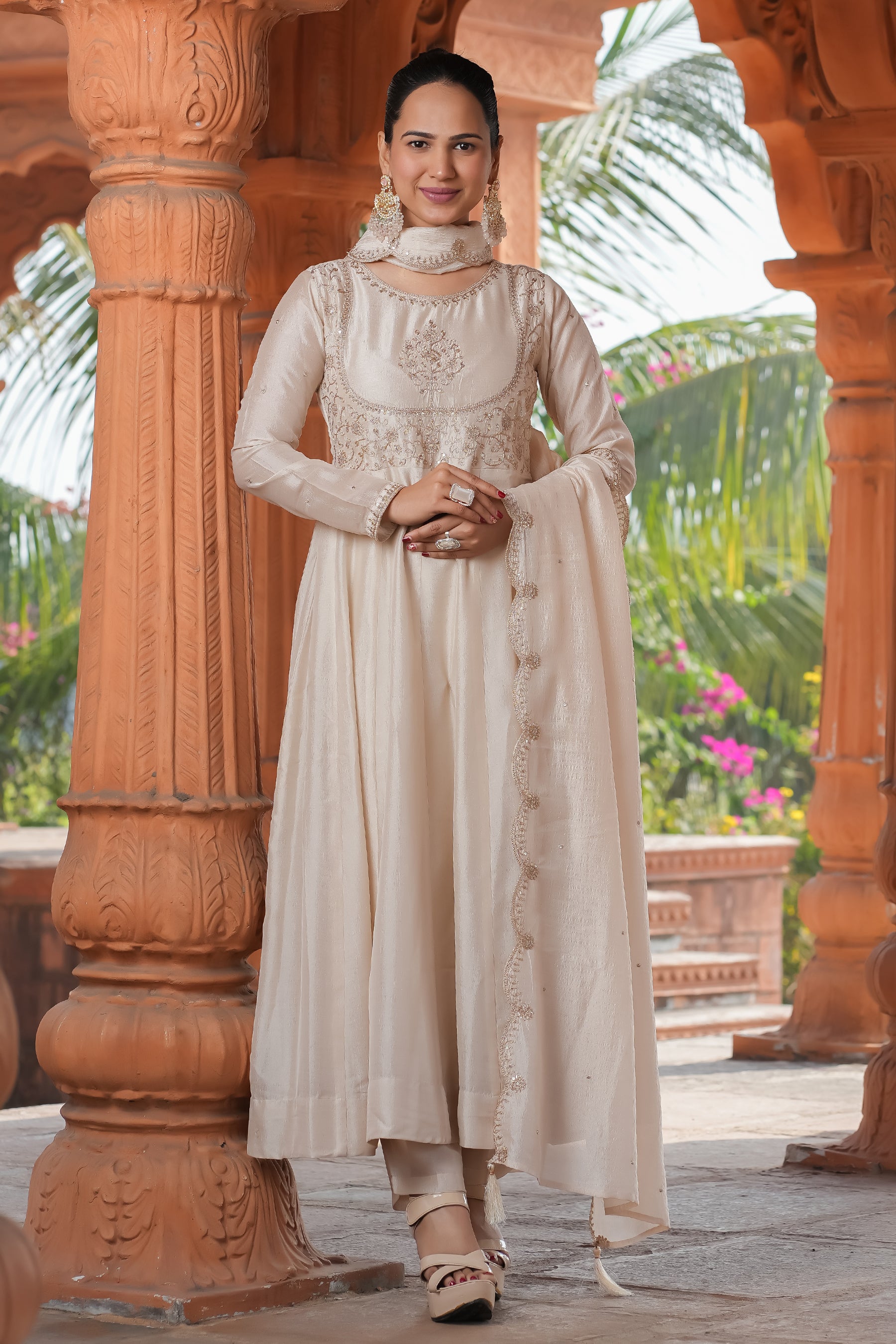 Cream Embroidered Silk Blend Anarkali Kurta With Dupatta Set