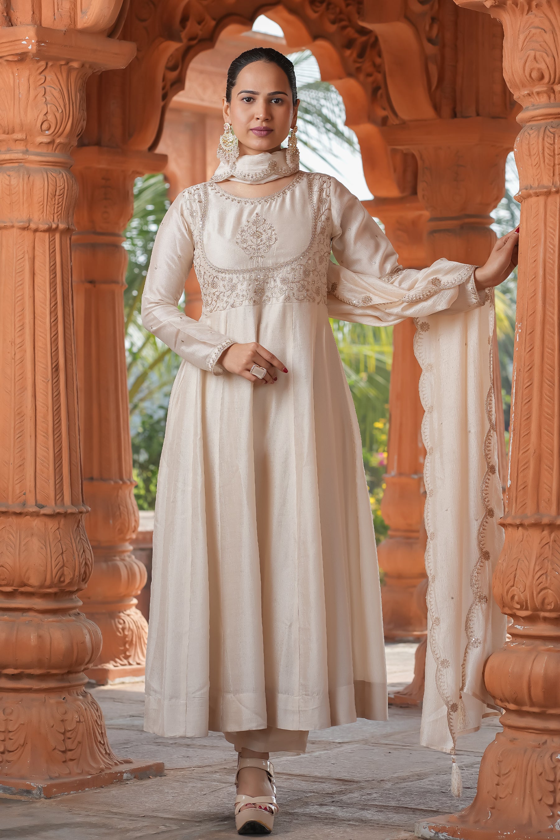 Cream Embroidered Silk Blend Anarkali Kurta With Dupatta Set