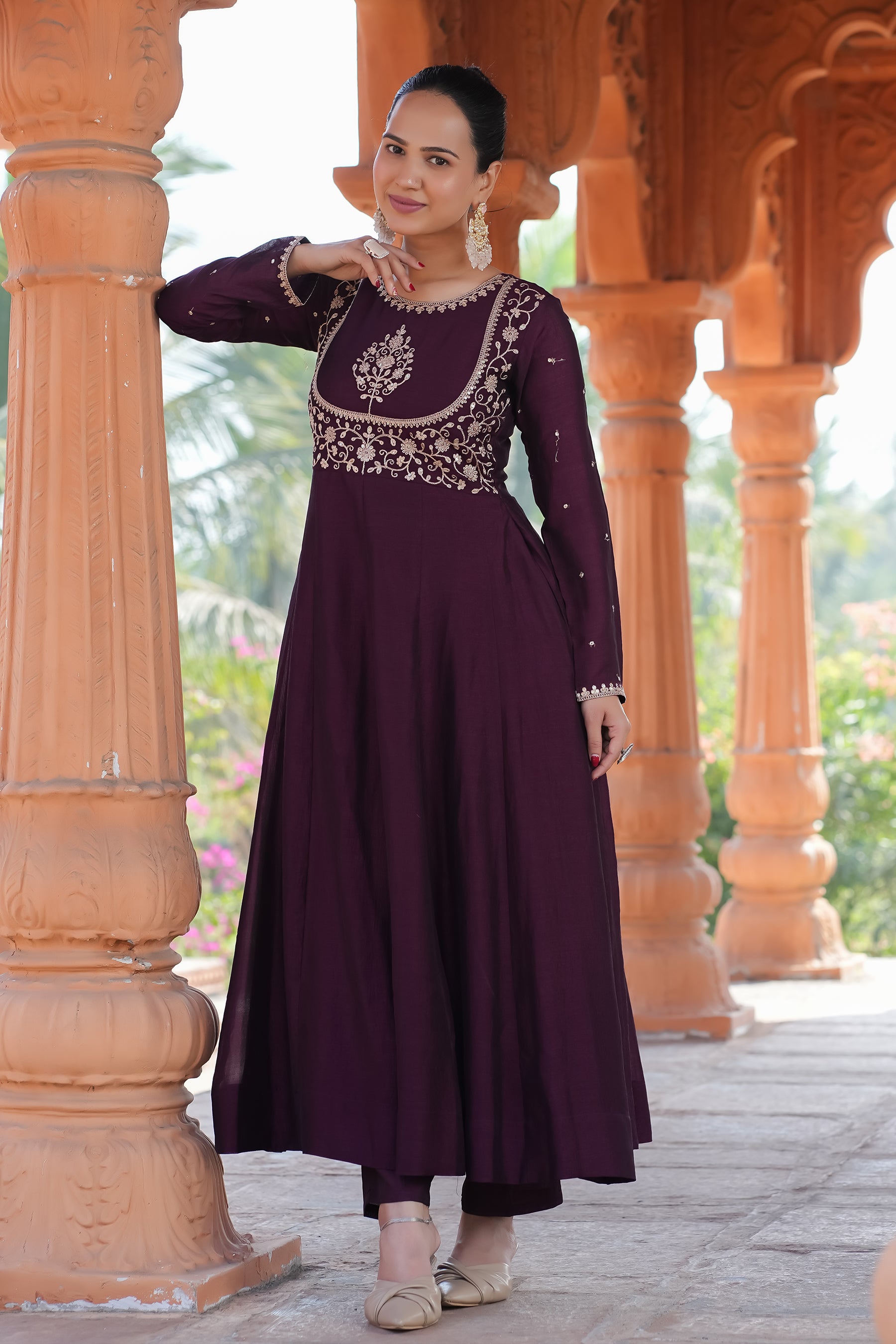 Wine Embroidered Silk Blend Anarkali Kurta With Dupatta Set