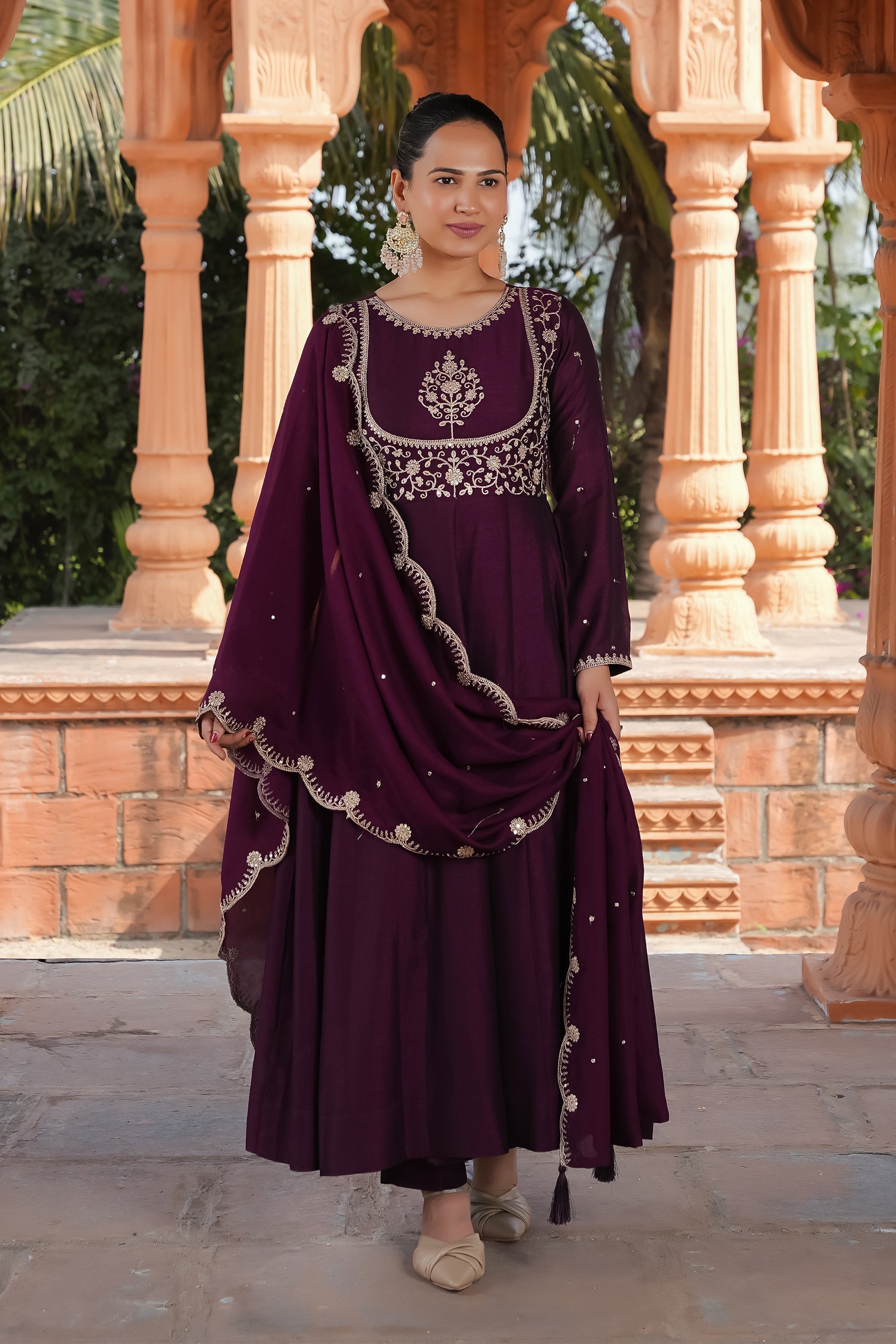 Wine Embroidered Silk Blend Anarkali Kurta With Dupatta Set