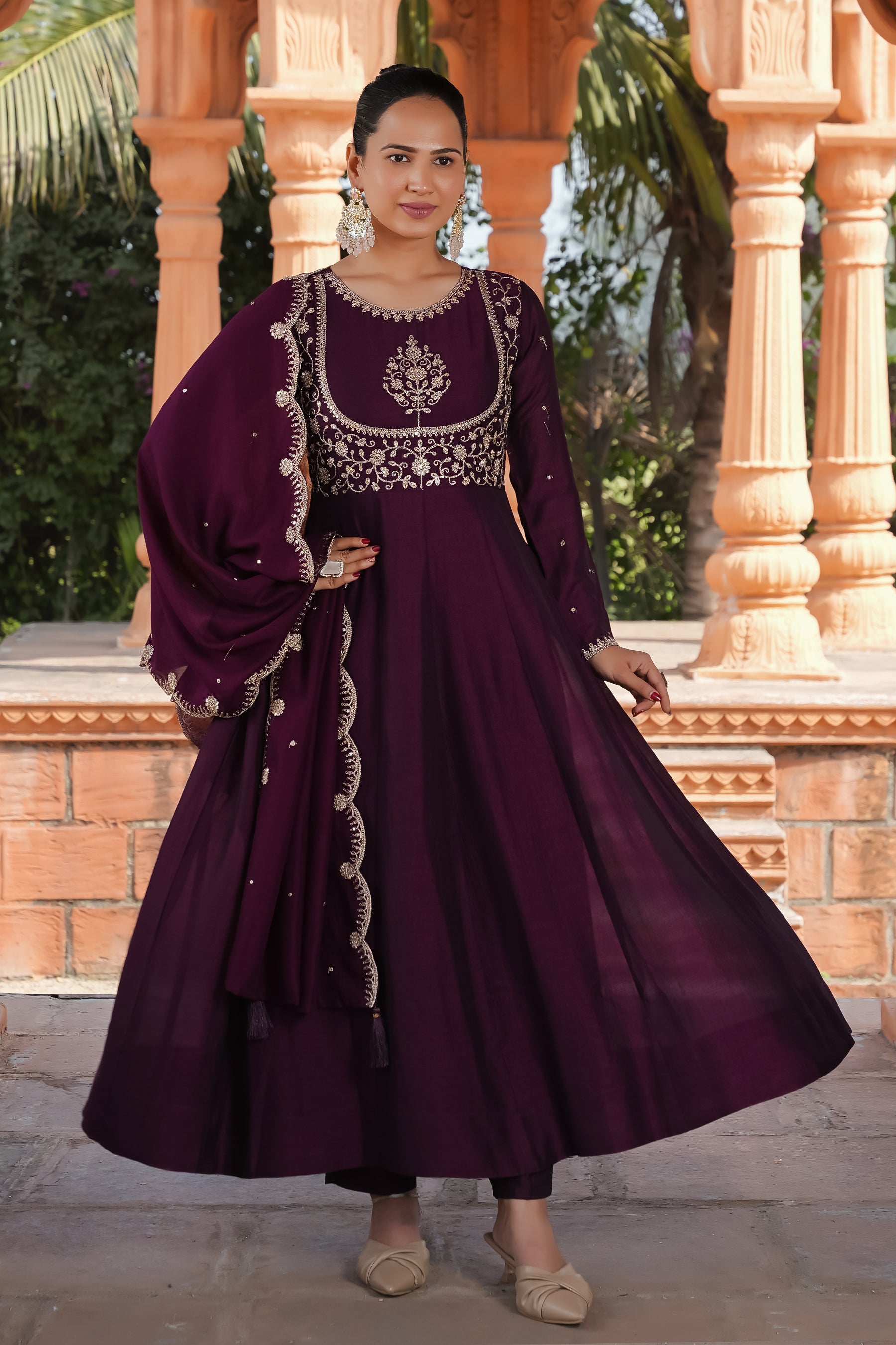 Wine Embroidered Silk Blend Anarkali Kurta With Dupatta Set