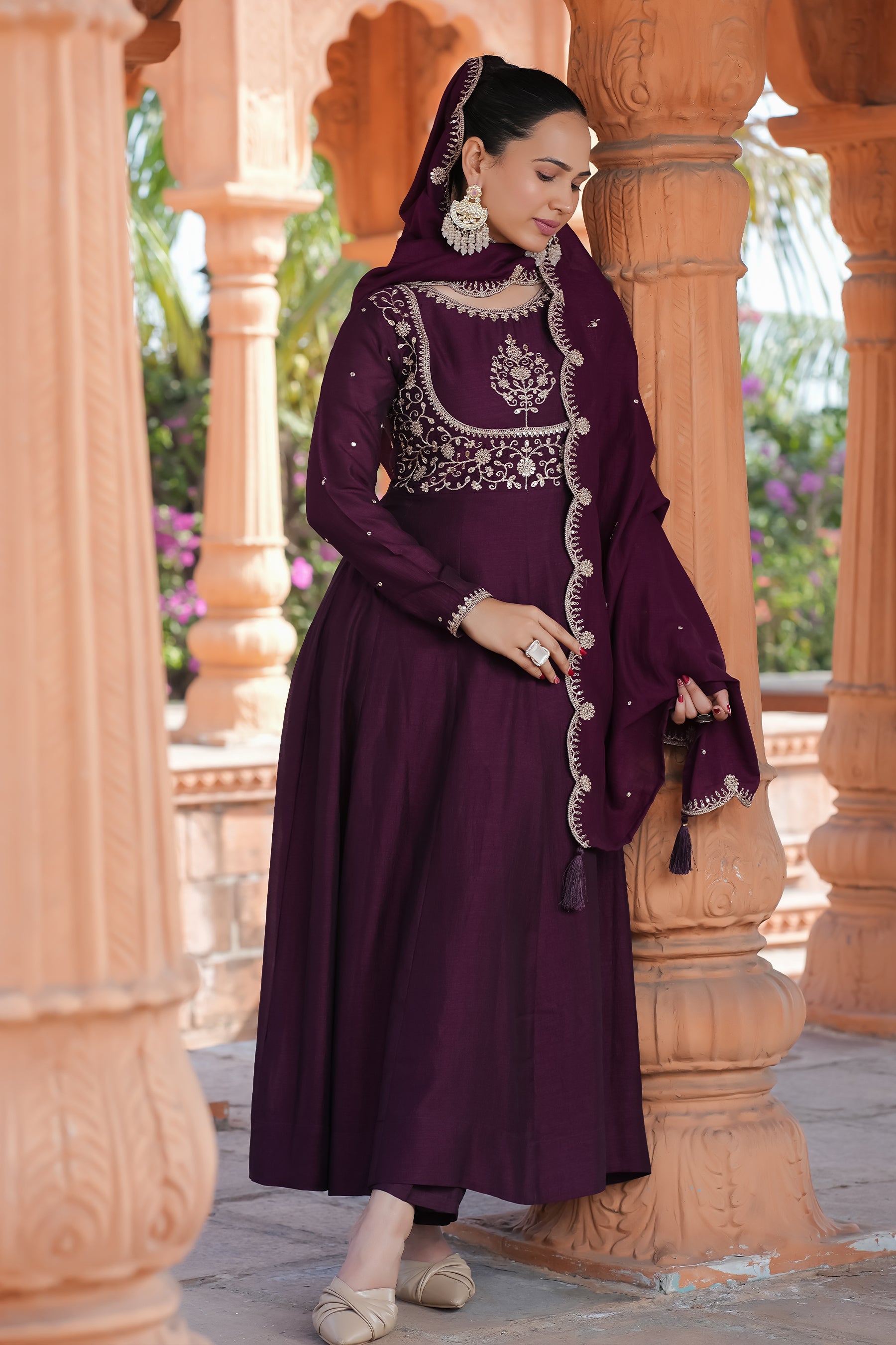 Wine Embroidered Silk Blend Anarkali Kurta With Dupatta Set