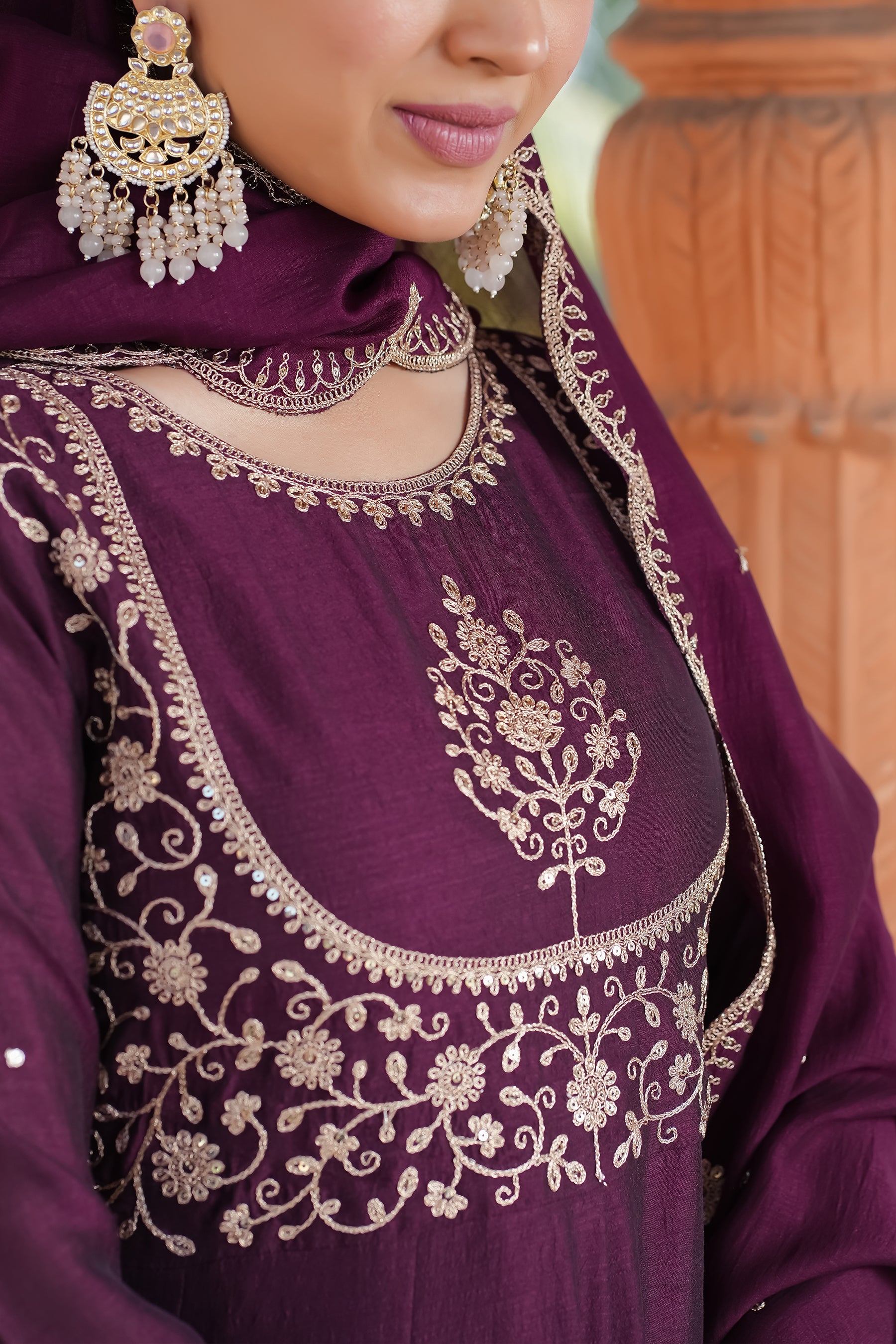 Wine Embroidered Silk Blend Anarkali Kurta With Dupatta Set