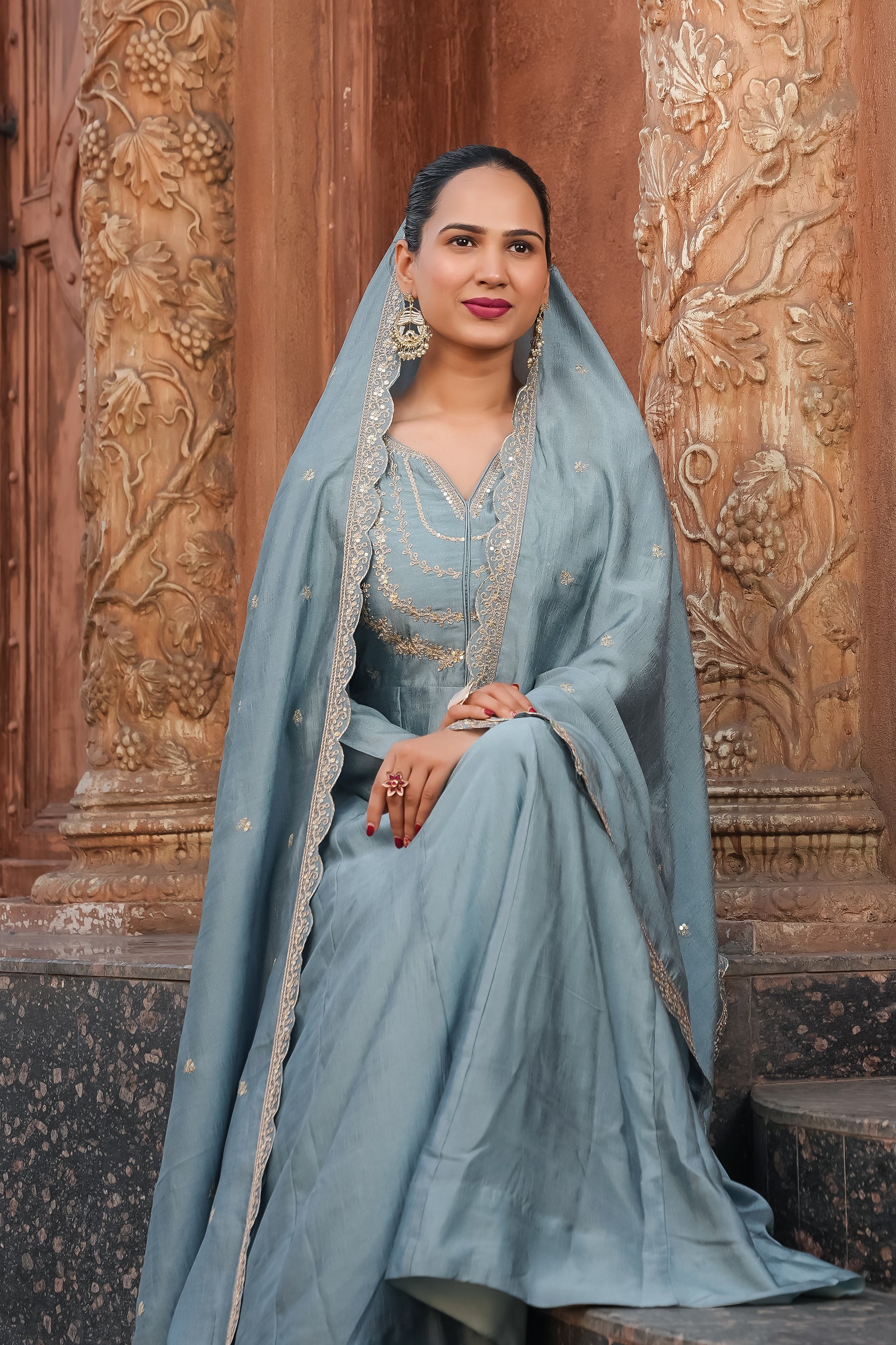 Sky Blue Embroidered Silk Blend Anarkali Kurta With Dupatta Set