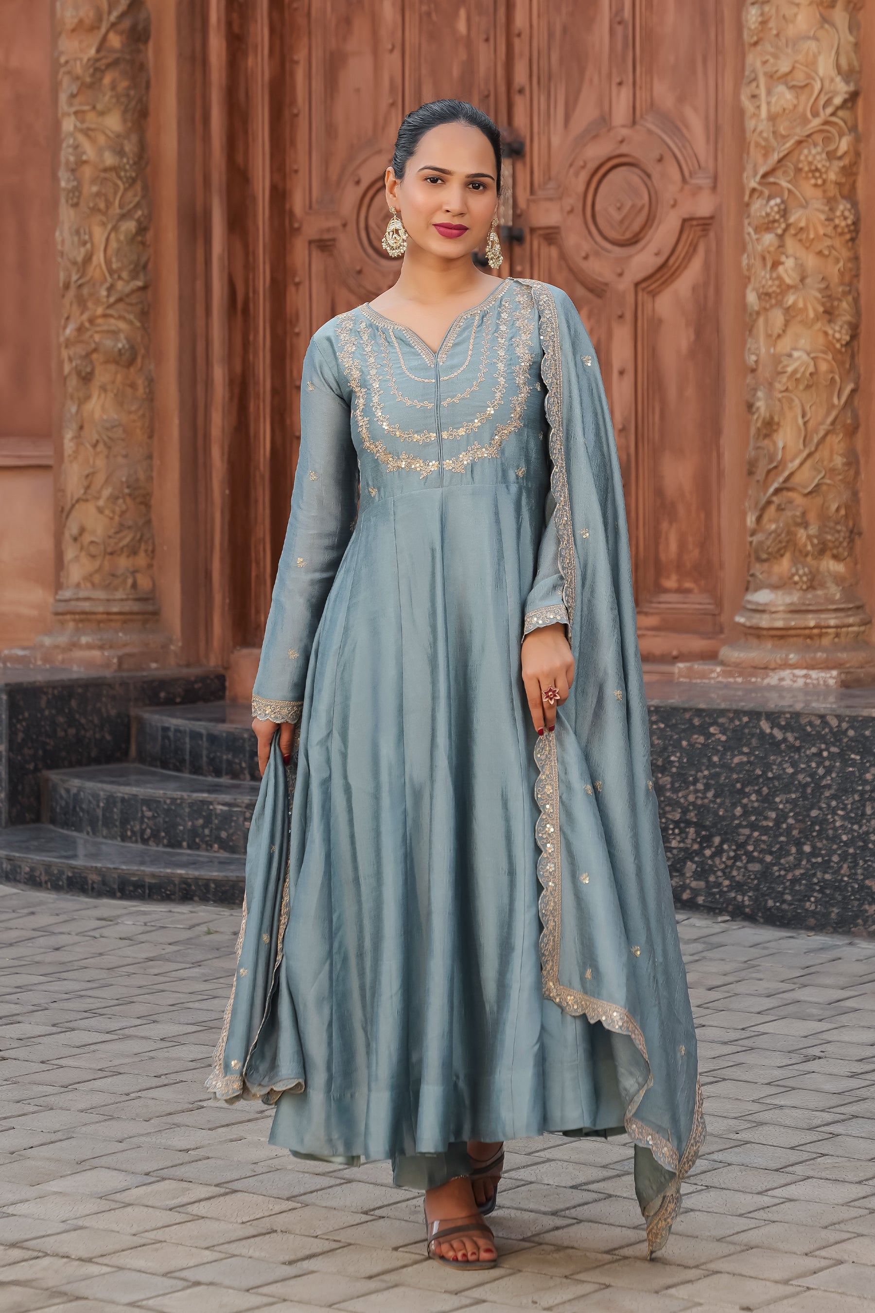 Sky Blue Embroidered Silk Blend Anarkali Kurta With Dupatta Set