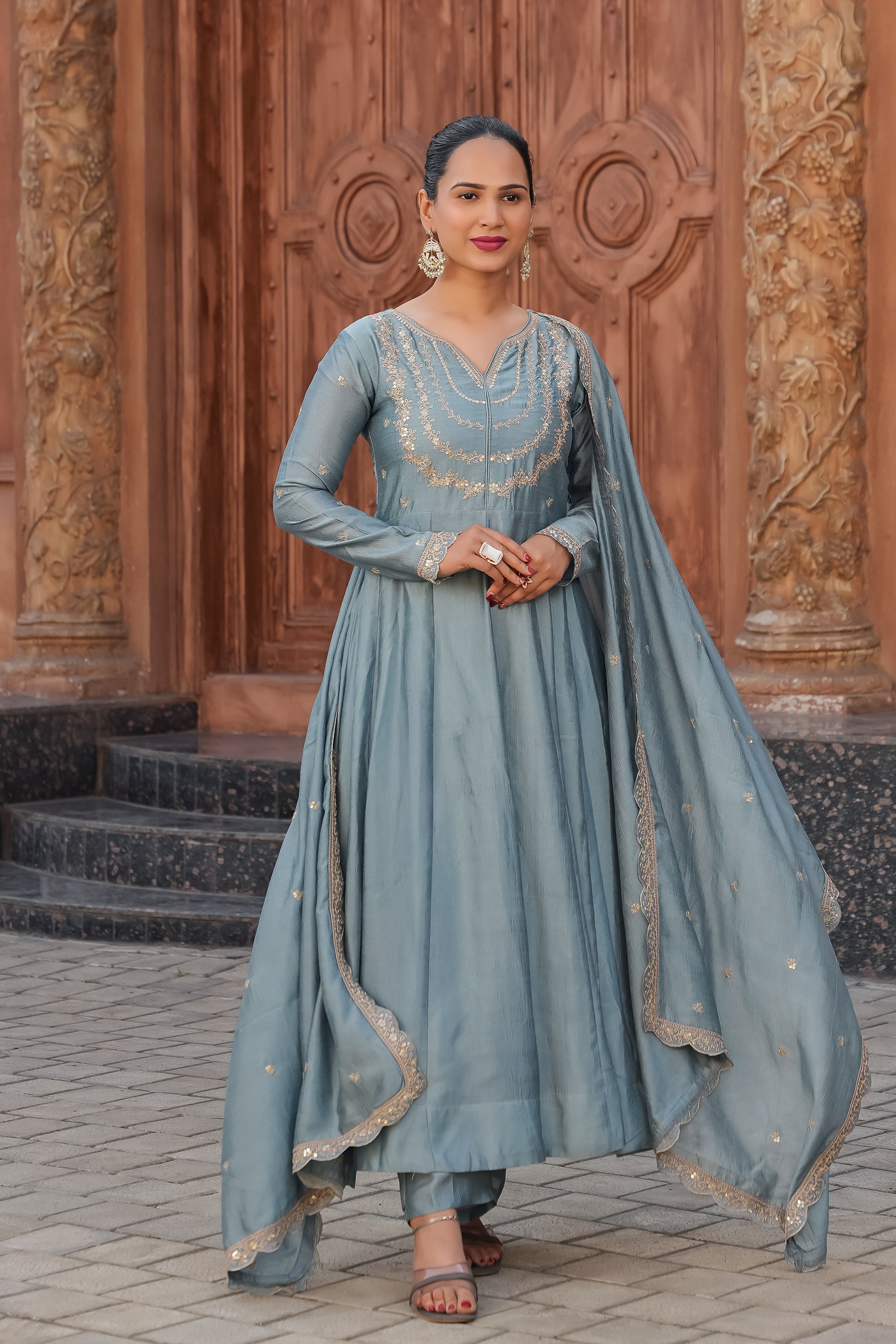 Sky Blue Embroidered Silk Blend Anarkali Kurta With Dupatta Set