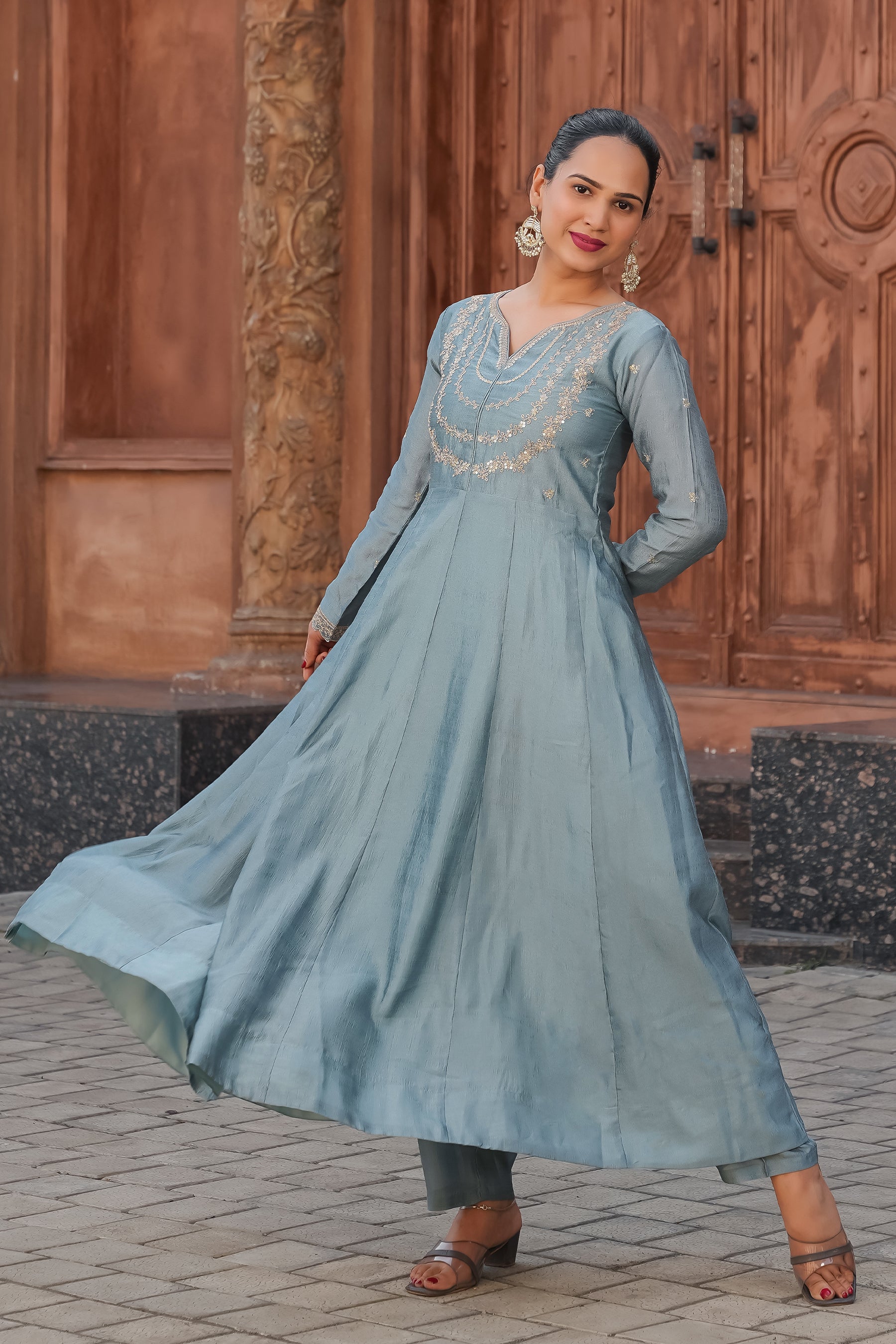 Sky Blue Embroidered Silk Blend Anarkali Kurta With Dupatta Set