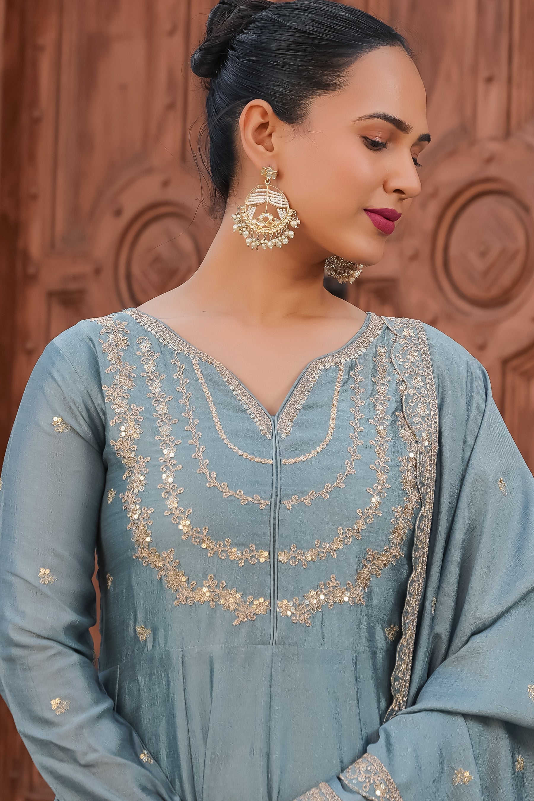 Sky Blue Embroidered Silk Blend Anarkali Kurta With Dupatta Set