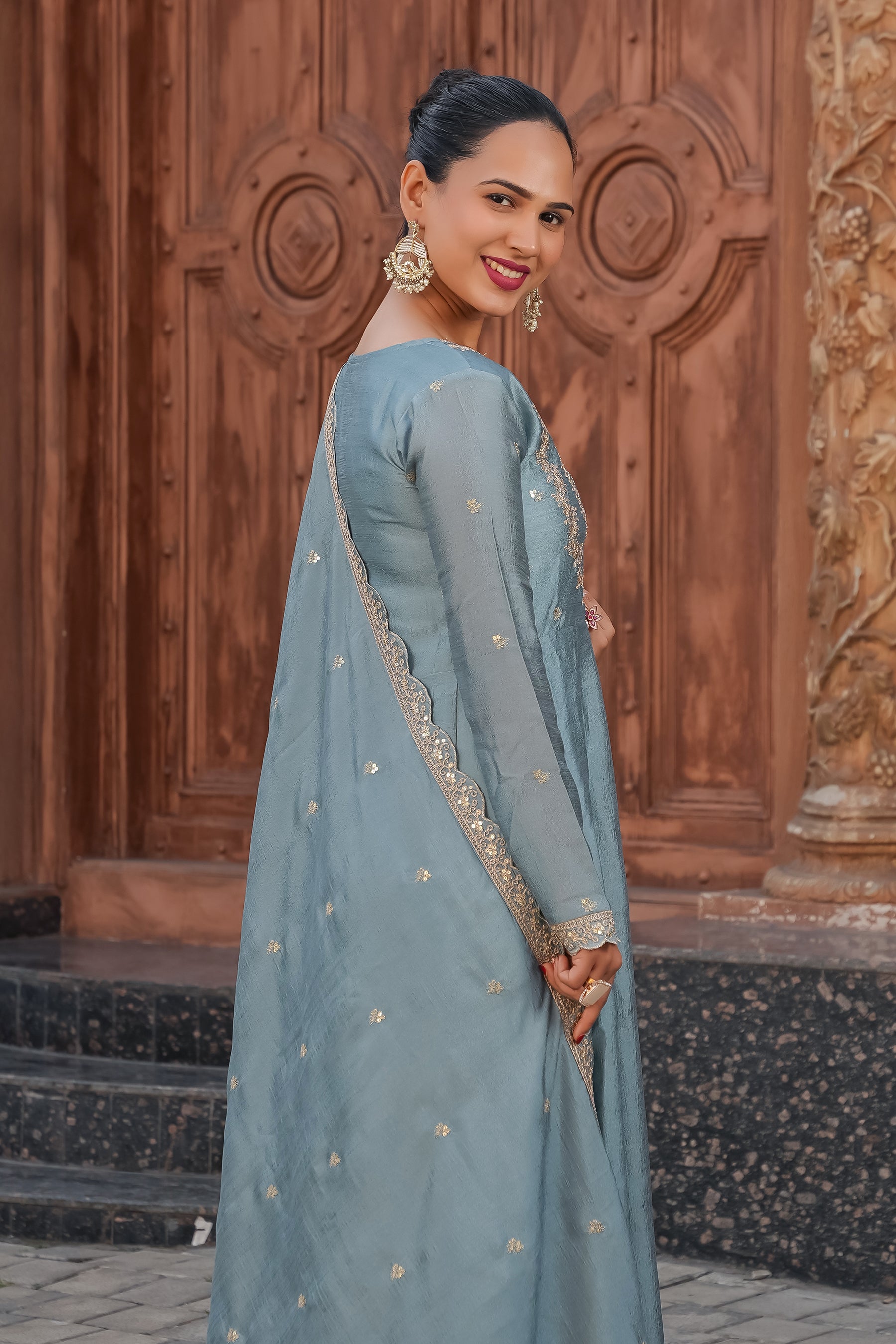 Sky Blue Embroidered Silk Blend Anarkali Kurta With Dupatta Set